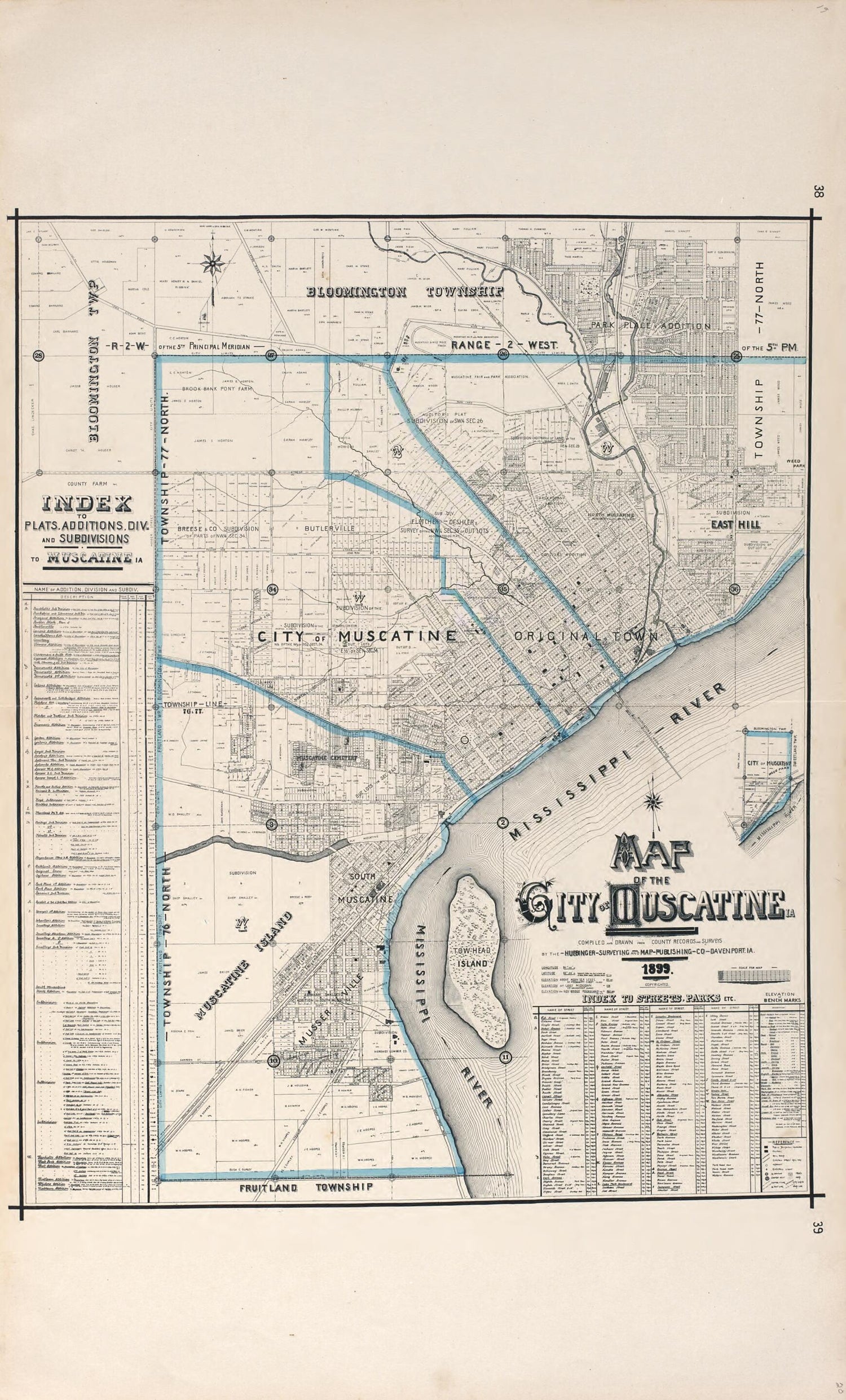 This old map of Map of the City of Muscatine from Atlas of Muscatine County, Iowa from 1899 was created by  Huebinger Surveying and Map Publishing Co in 1899