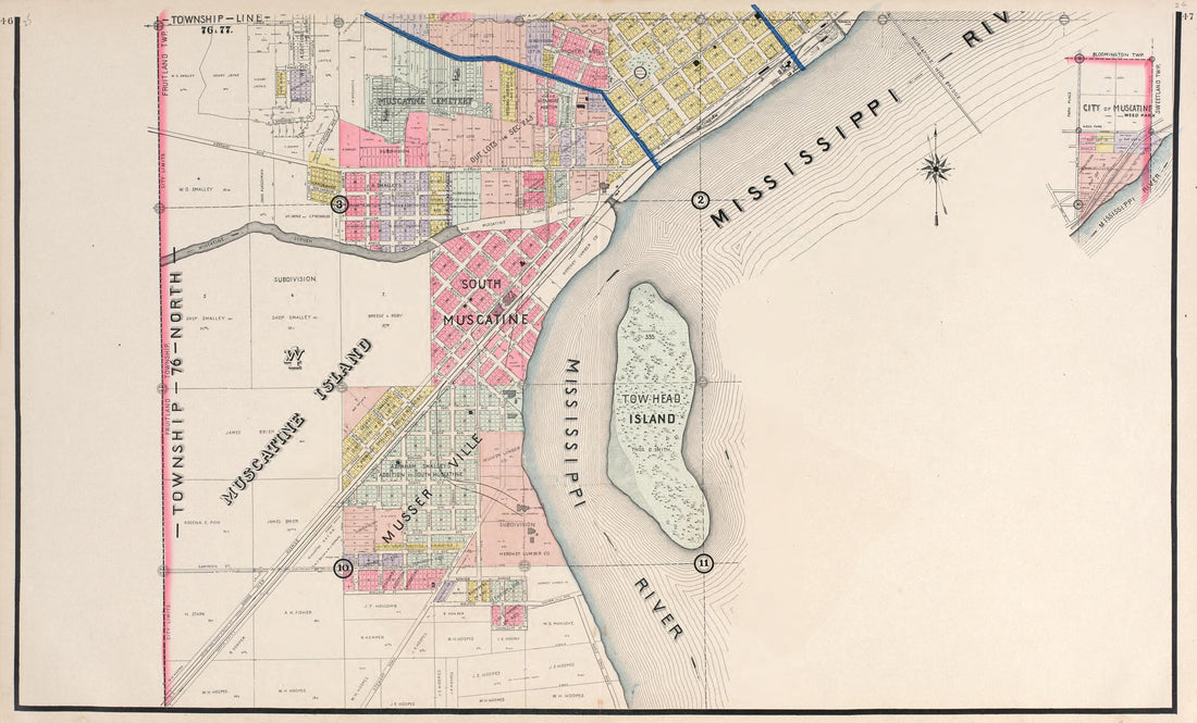 This old map of Township 76 North from Atlas of Muscatine County, Iowa from 1899 was created by  Huebinger Surveying and Map Publishing Co in 1899