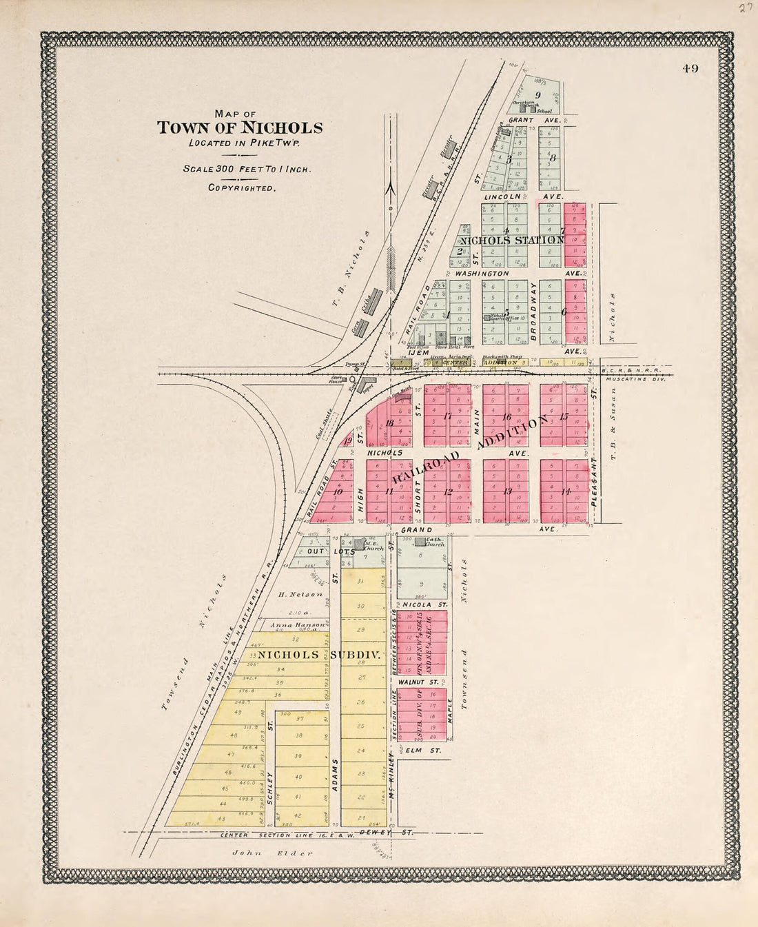 This old map of Map of Town of Nichols from Atlas of Muscatine County, Iowa from 1899 was created by  Huebinger Surveying and Map Publishing Co in 1899