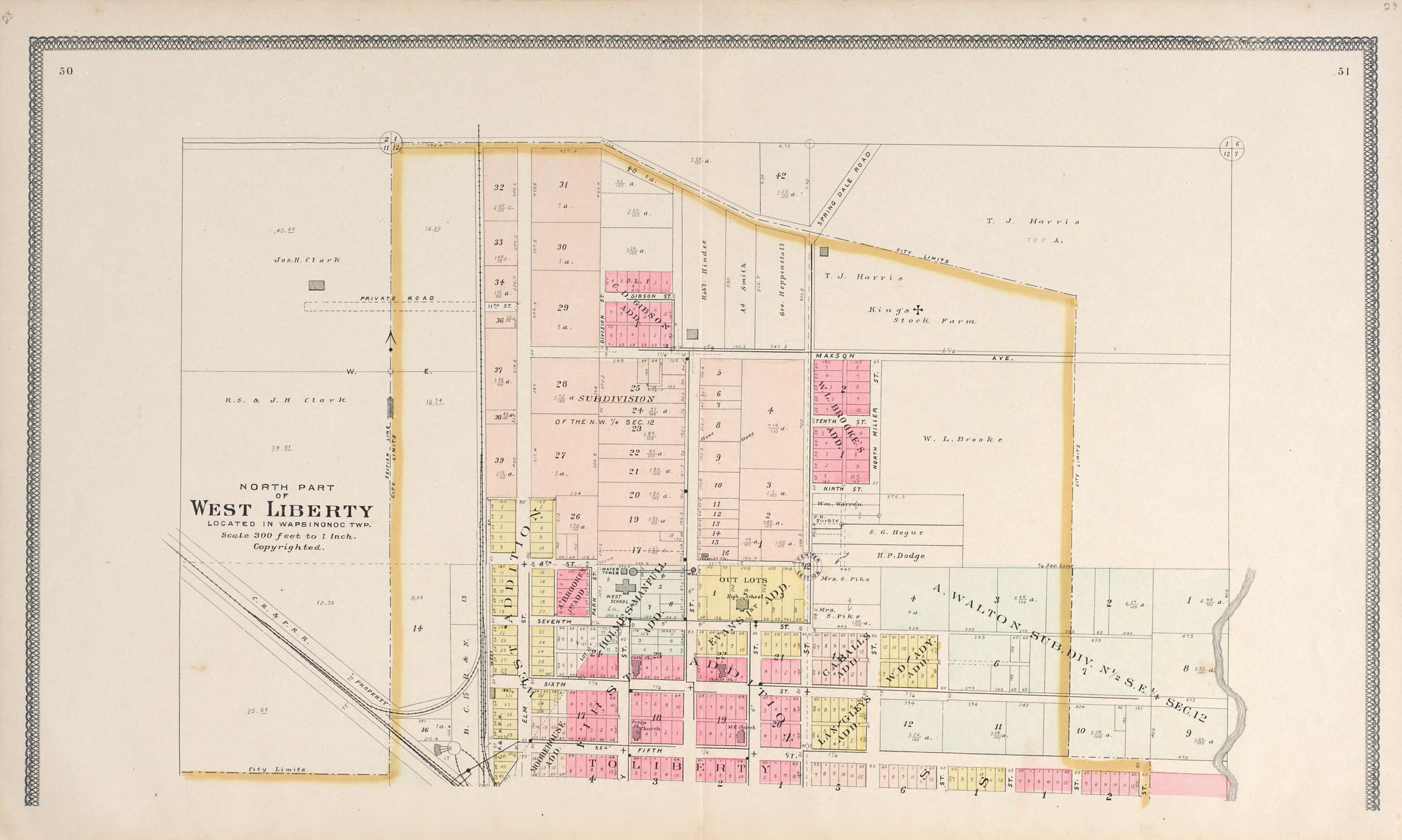 This old map of North Part of West Liberty from Atlas of Muscatine County, Iowa from 1899 was created by  Huebinger Surveying and Map Publishing Co in 1899