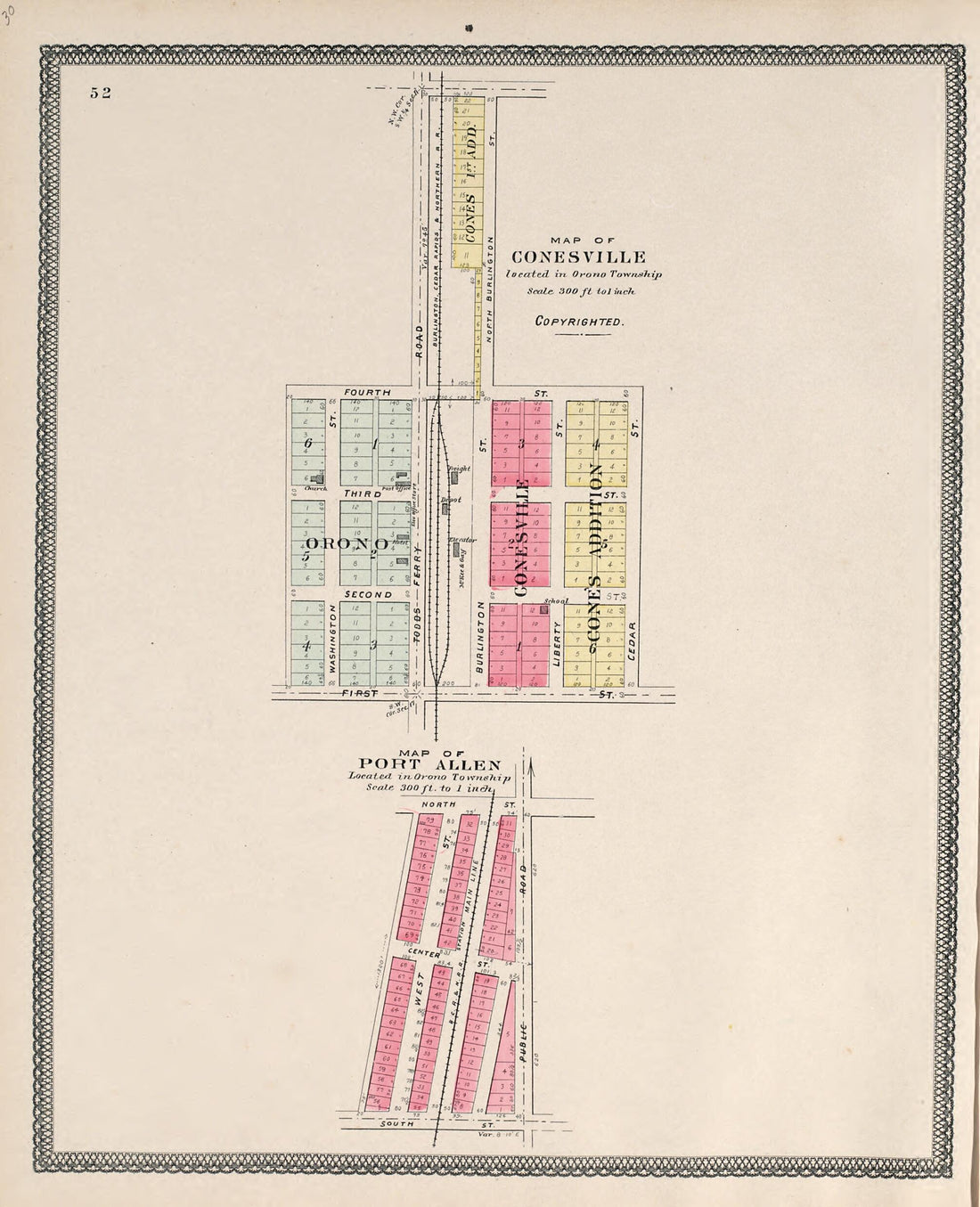 This old map of Map of Conesville; Map of Port Allen from Atlas of Muscatine County, Iowa from 1899 was created by  Huebinger Surveying and Map Publishing Co in 1899