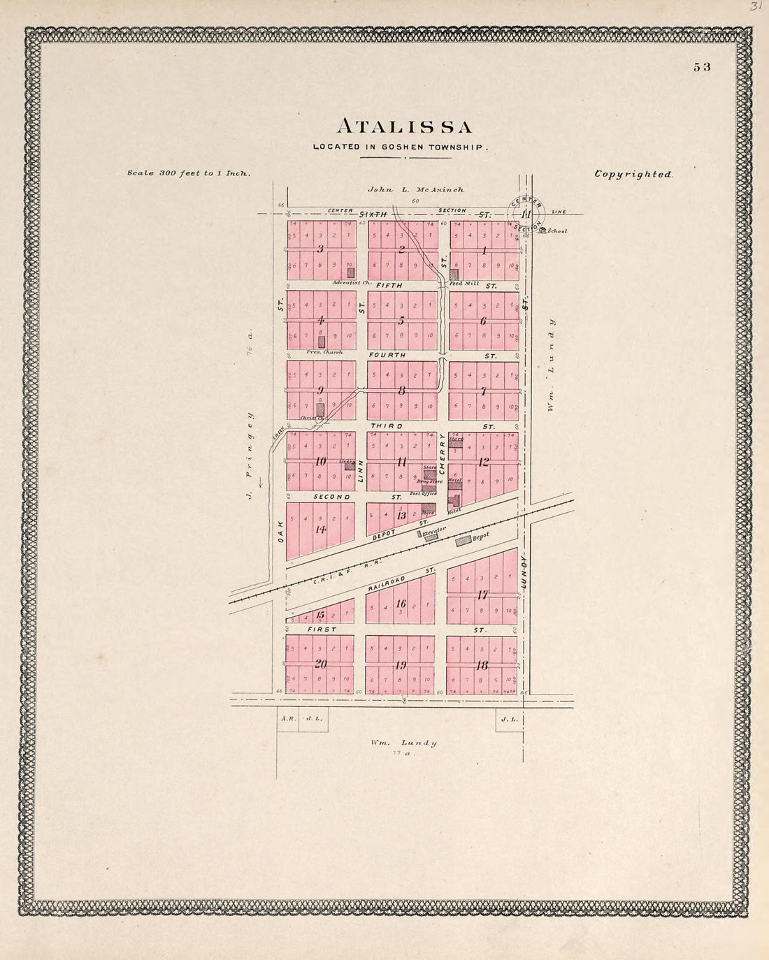 This old map of Atalissa from Atlas of Muscatine County, Iowa from 1899 was created by  Huebinger Surveying and Map Publishing Co in 1899