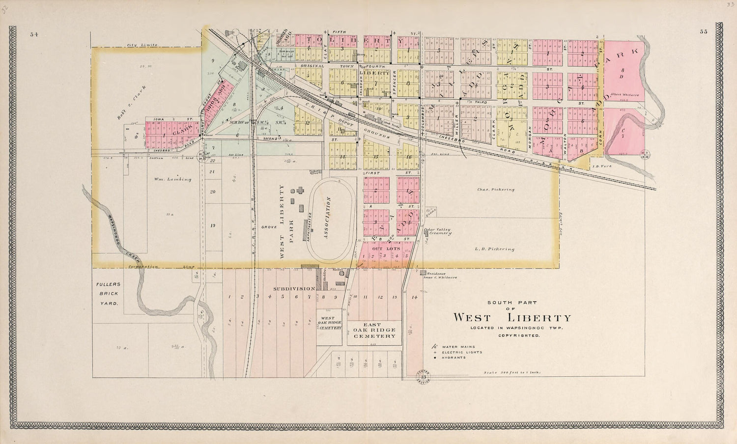 This old map of North Part of West Liberty from Atlas of Muscatine County, Iowa from 1899 was created by  Huebinger Surveying and Map Publishing Co in 1899