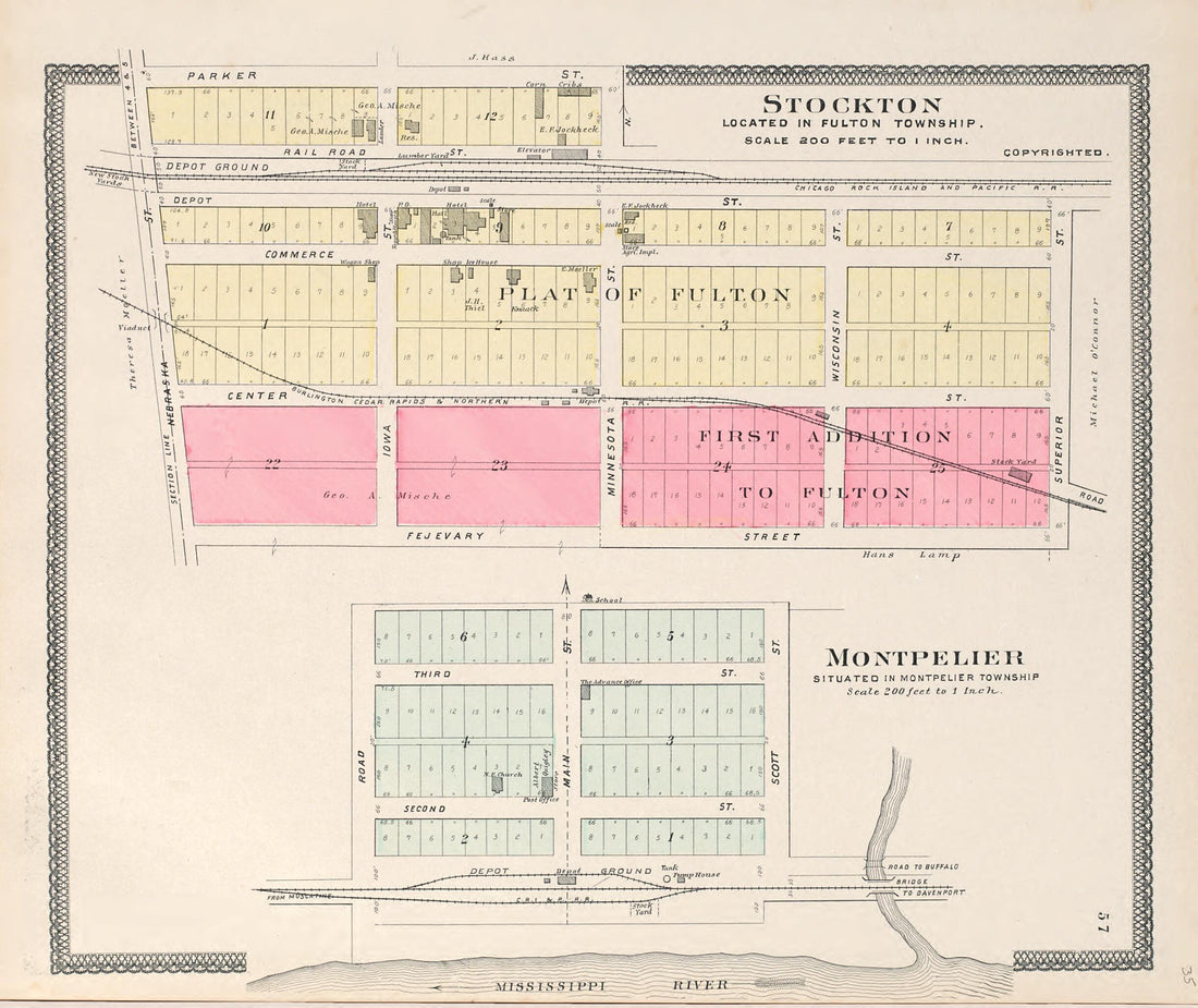 This old map of Stockton; Plat of Fulton; First Addition to Fulton; Montpelier from Atlas of Muscatine County, Iowa from 1899 was created by  Huebinger Surveying and Map Publishing Co in 1899