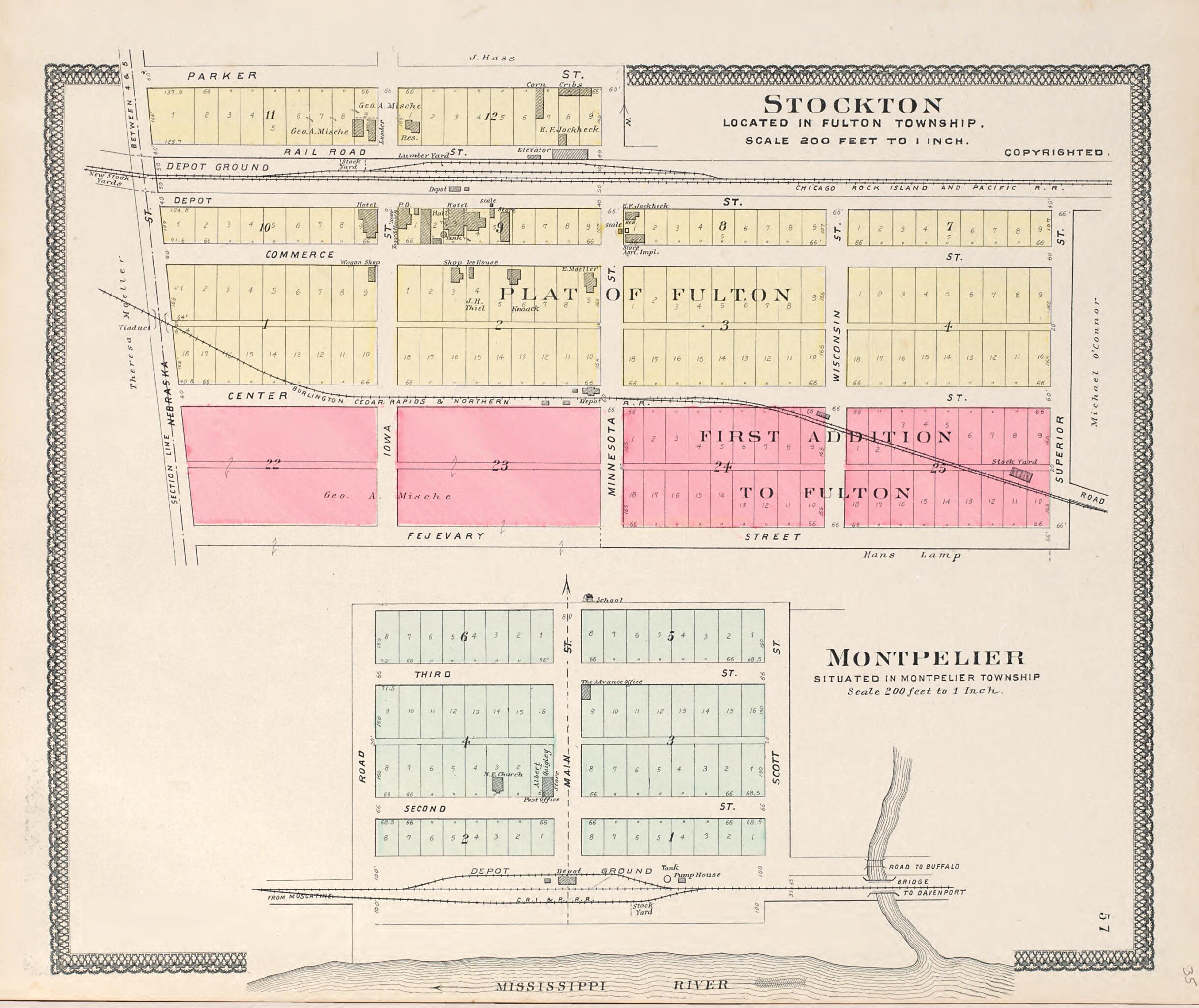 This old map of Stockton; Plat of Fulton; First Addition to Fulton; Montpelier from Atlas of Muscatine County, Iowa from 1899 was created by  Huebinger Surveying and Map Publishing Co in 1899