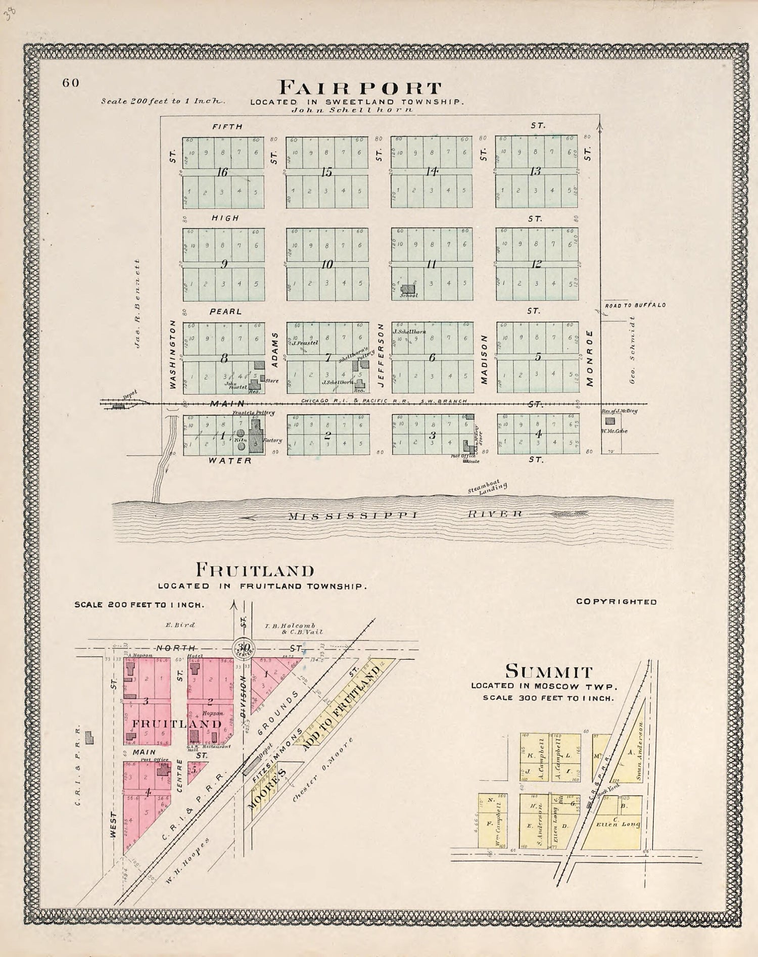 This old map of Fairport; Fruitland; Summit from Atlas of Muscatine County, Iowa from 1899 was created by  Huebinger Surveying and Map Publishing Co in 1899