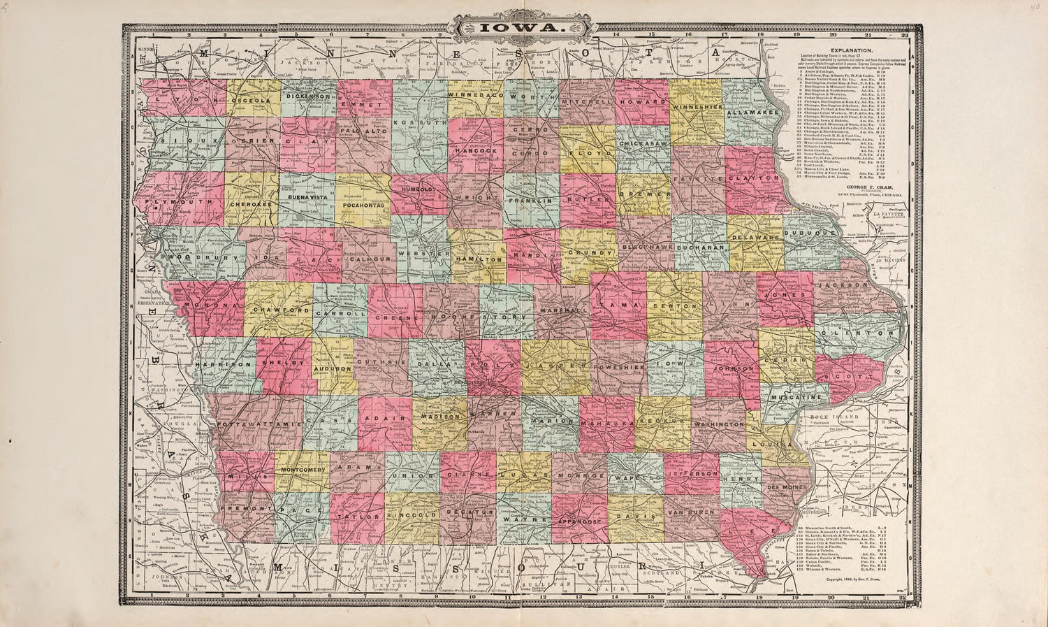 This old map of Iowa from Atlas of Muscatine County, Iowa from 1899 was created by  Huebinger Surveying and Map Publishing Co in 1899