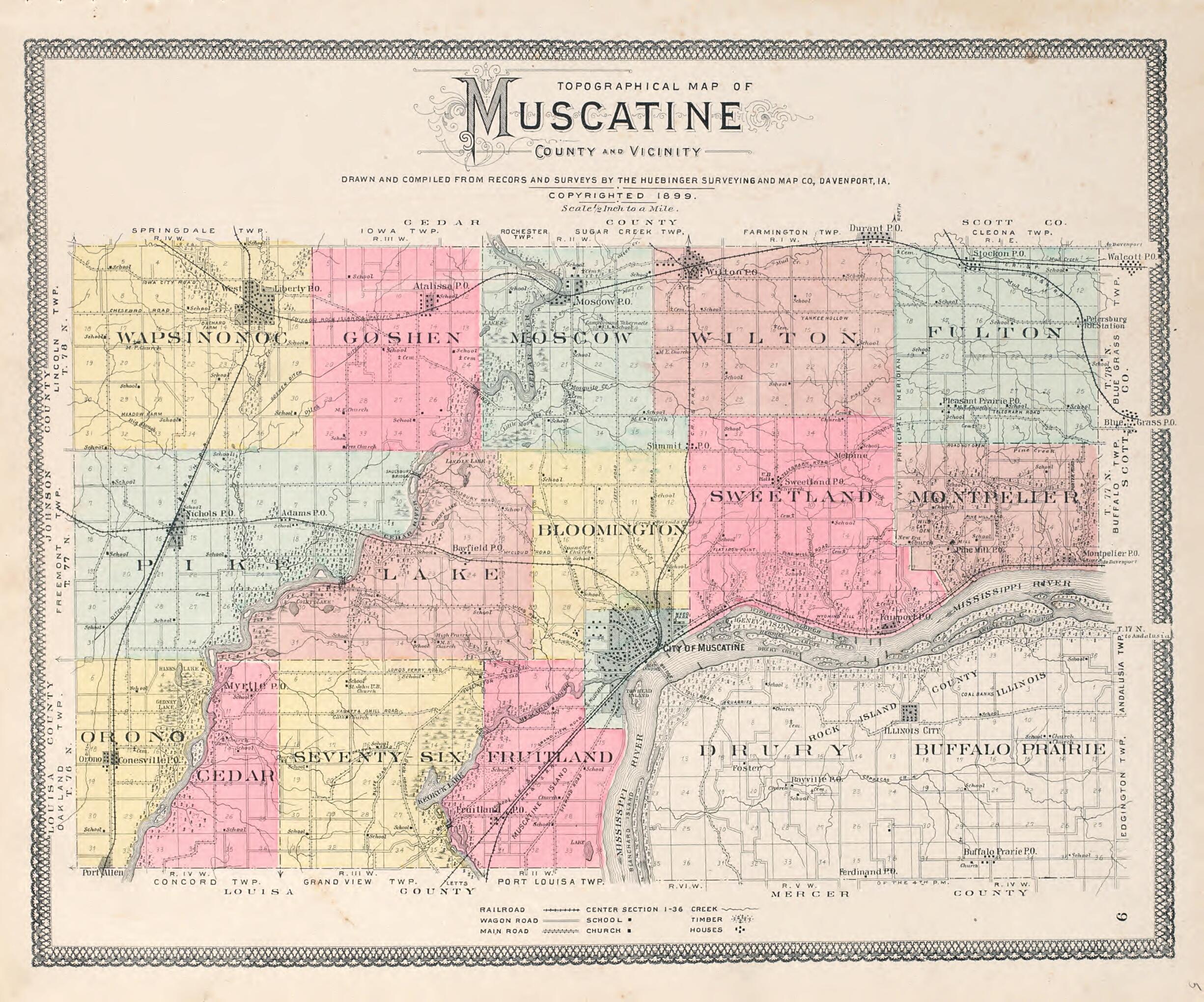 This old map of Topographical Map of Muscatine from Atlas of Muscatine County, Iowa from 1899 was created by  Huebinger Surveying and Map Publishing Co in 1899