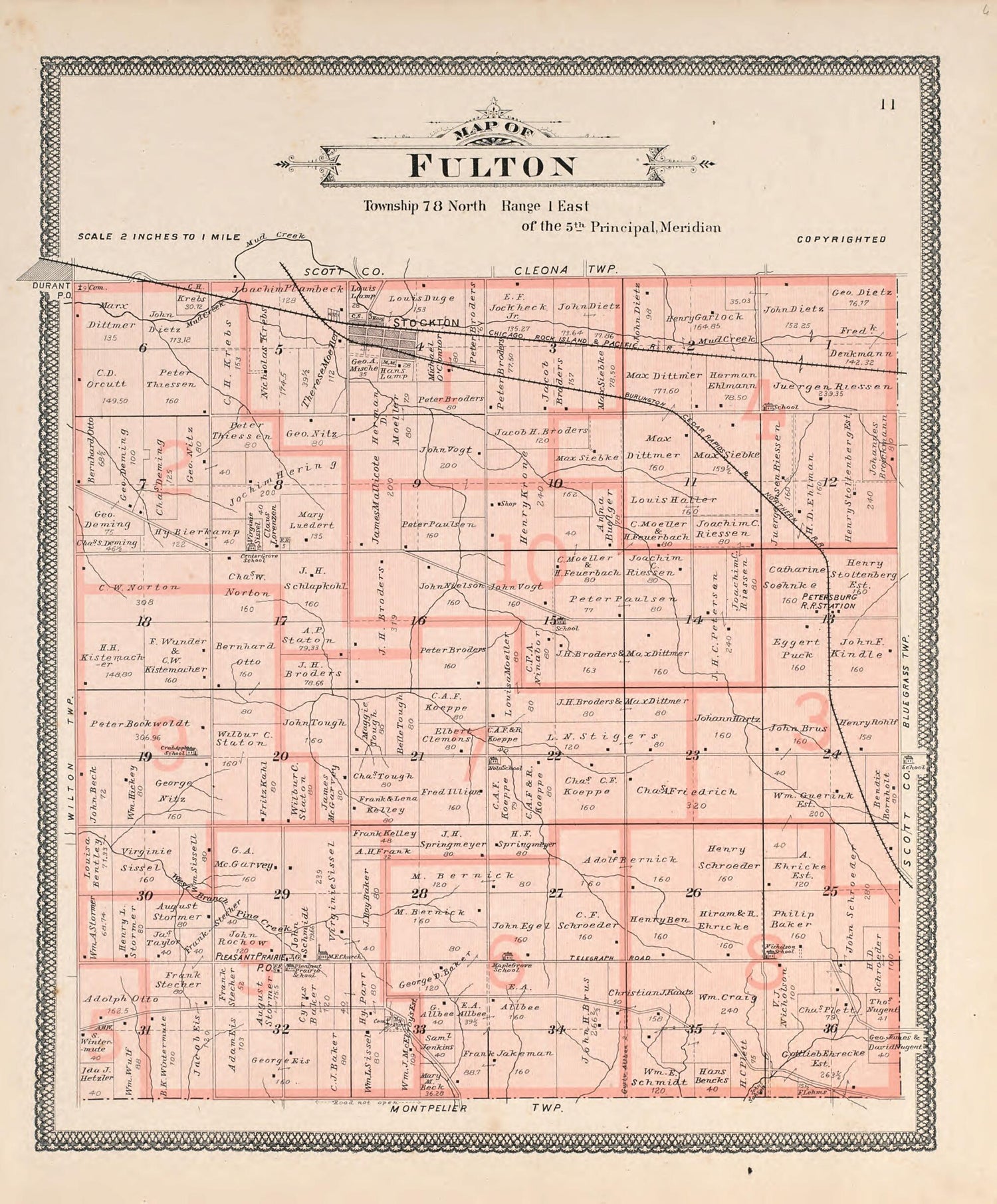 This old map of Map of Fulton from Atlas of Muscatine County, Iowa from 1899 was created by  Huebinger Surveying and Map Publishing Co in 1899