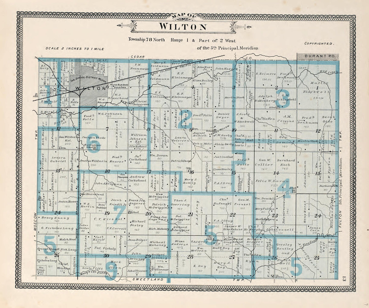 This old map of Map of Wilton from Atlas of Muscatine County, Iowa from 1899 was created by  Huebinger Surveying and Map Publishing Co in 1899