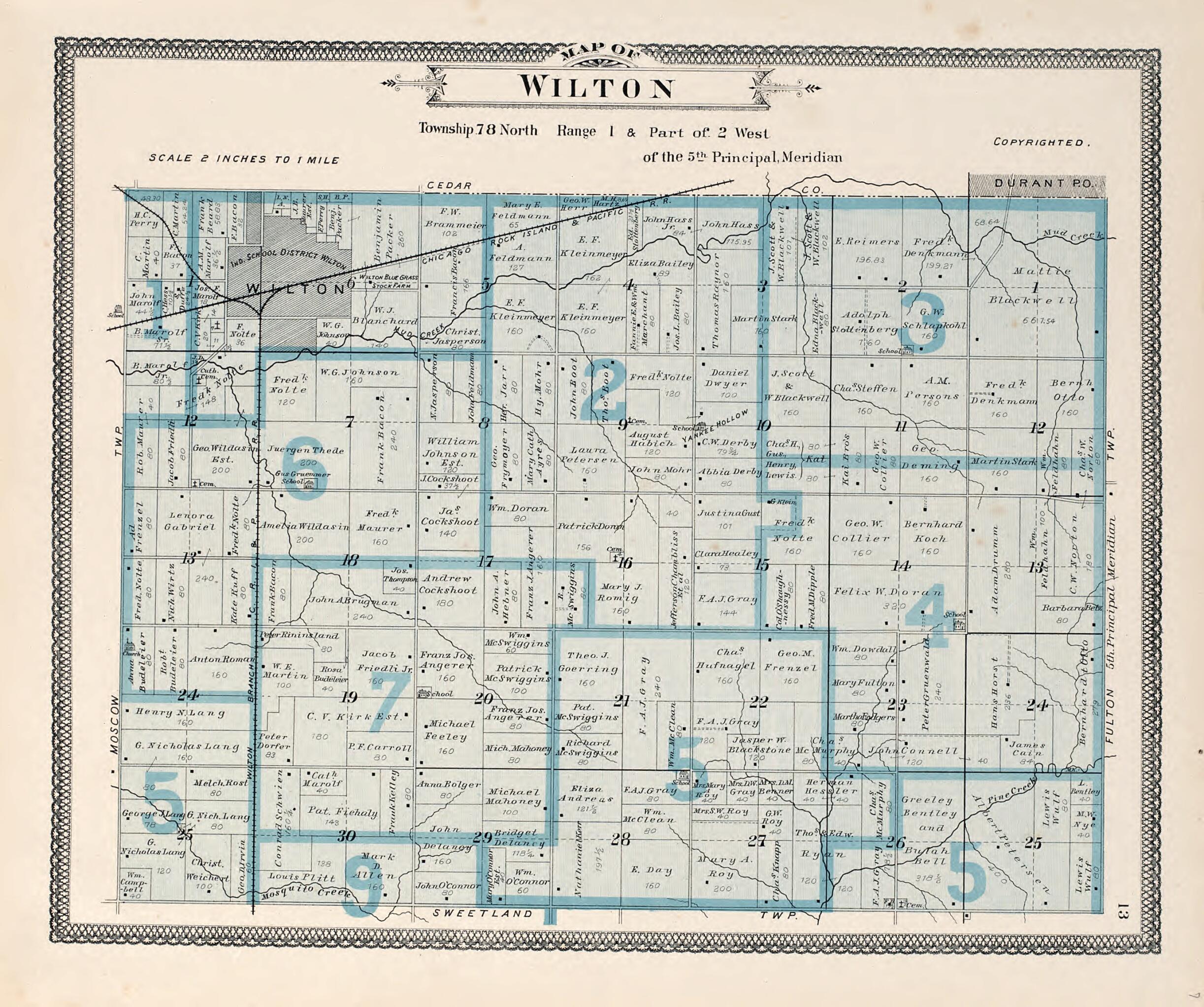 This old map of Map of Wilton from Atlas of Muscatine County, Iowa from 1899 was created by  Huebinger Surveying and Map Publishing Co in 1899