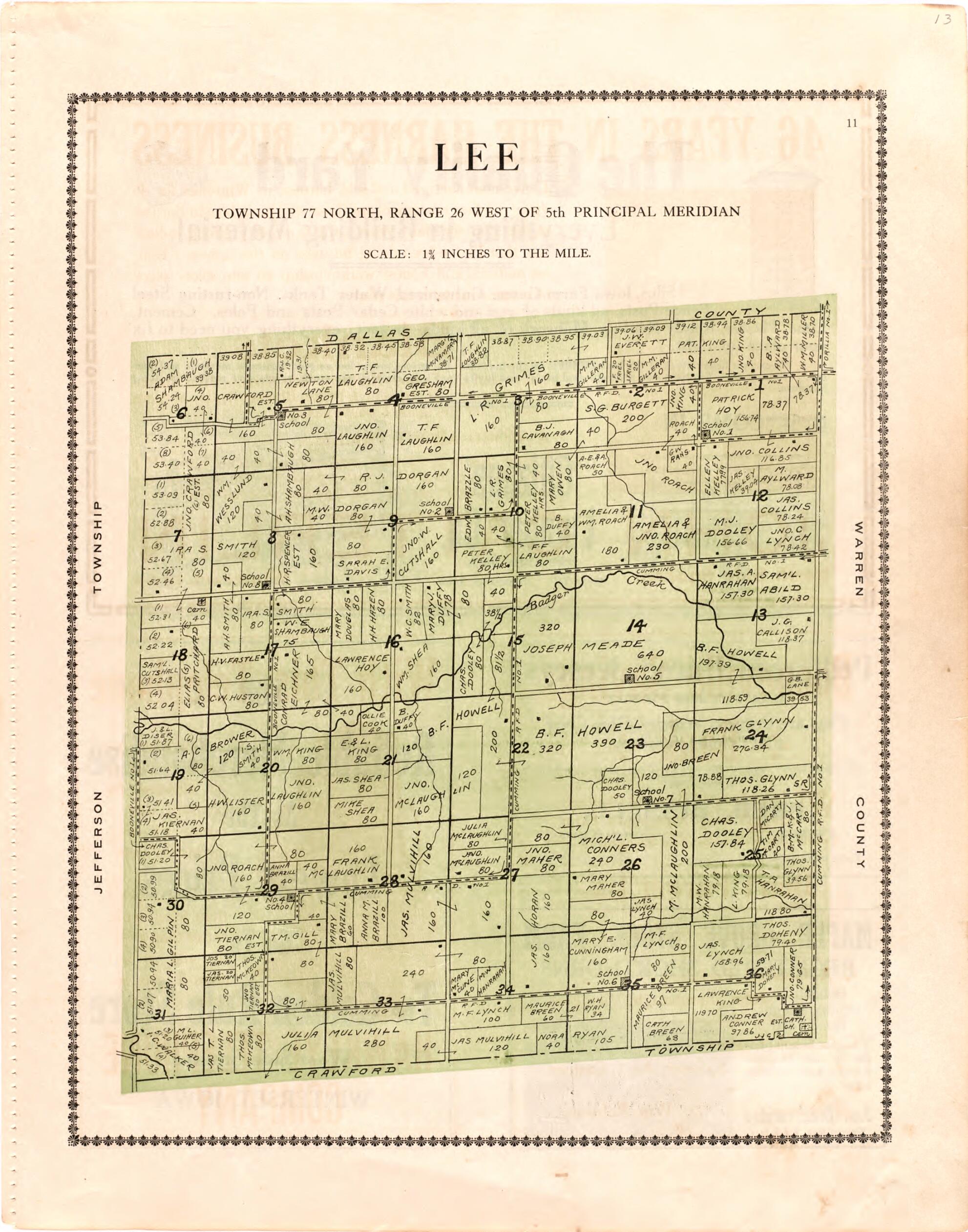 This old map of Lee from Madison County Atlas from 1912 was created by Iowa) Midland Map Company (Knoxville in 1912