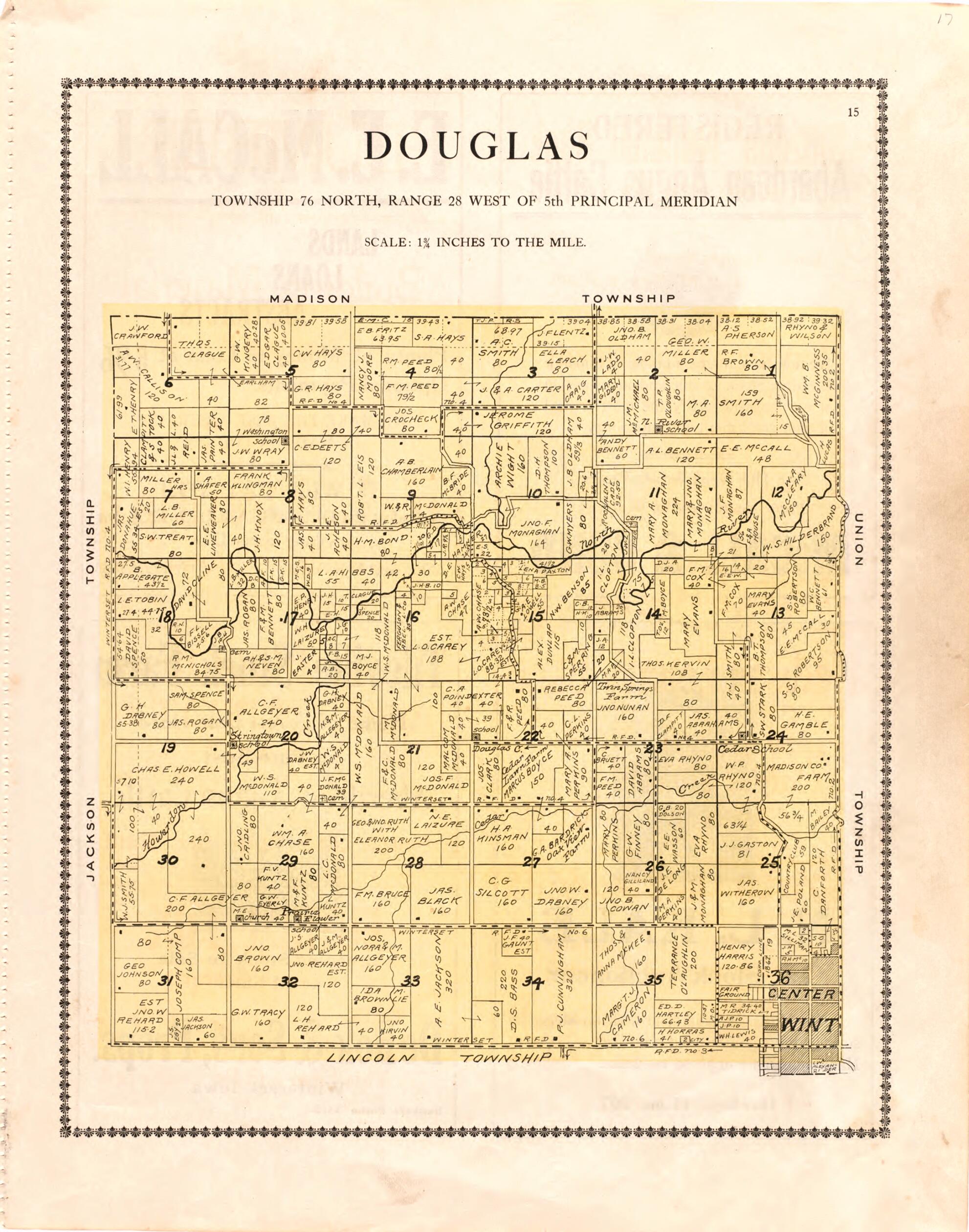 This old map of Douglas from Madison County Atlas from 1912 was created by Iowa) Midland Map Company (Knoxville in 1912