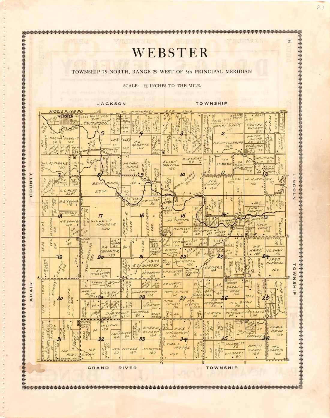 This old map of Webster from Madison County Atlas from 1912 was created by Iowa) Midland Map Company (Knoxville in 1912