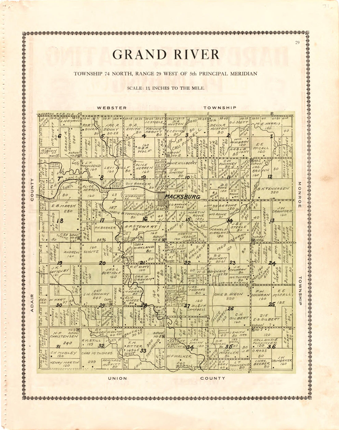 This old map of Grand River from Madison County Atlas from 1912 was created by Iowa) Midland Map Company (Knoxville in 1912