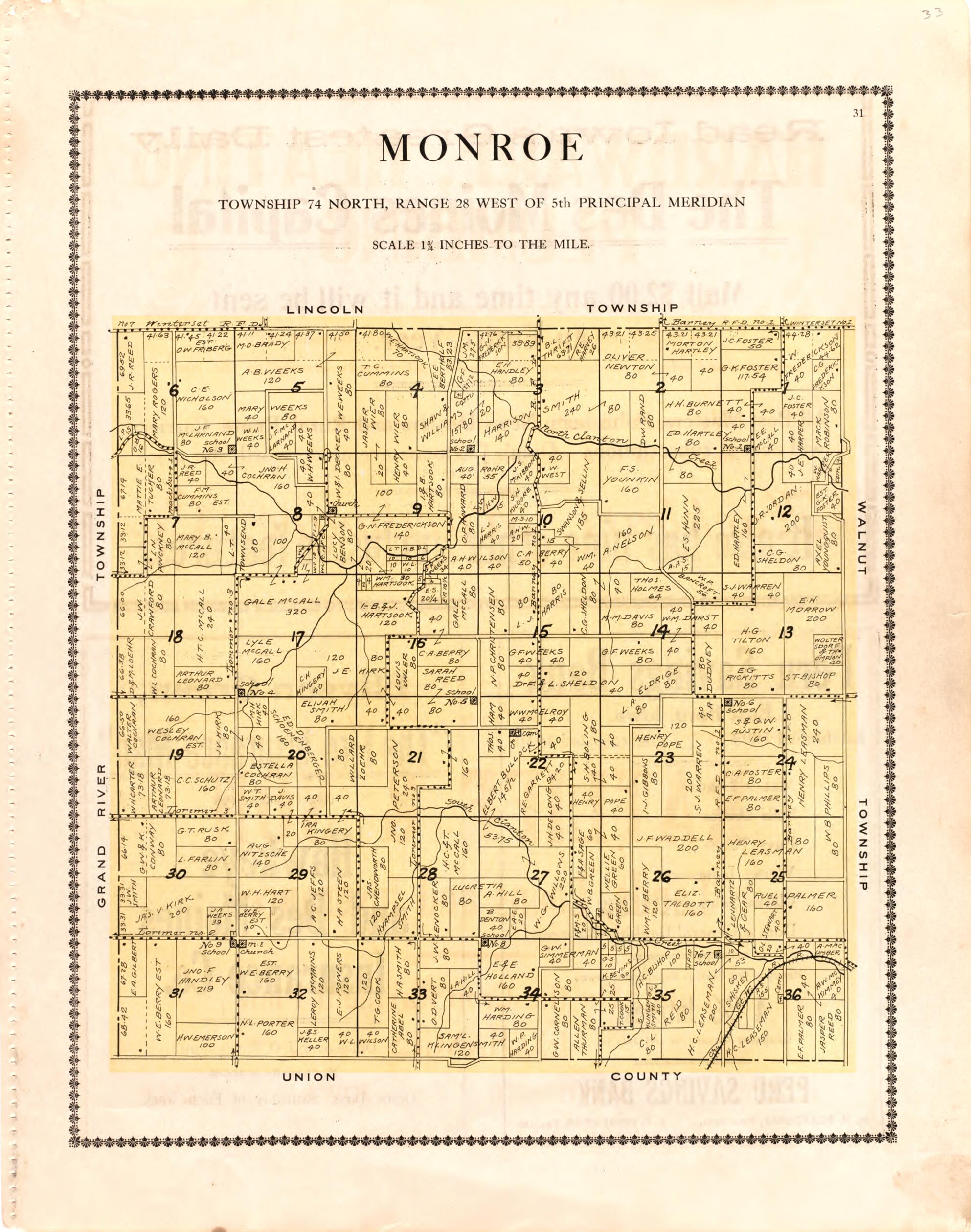 This old map of Monroe from Madison County Atlas from 1912 was created by Iowa) Midland Map Company (Knoxville in 1912