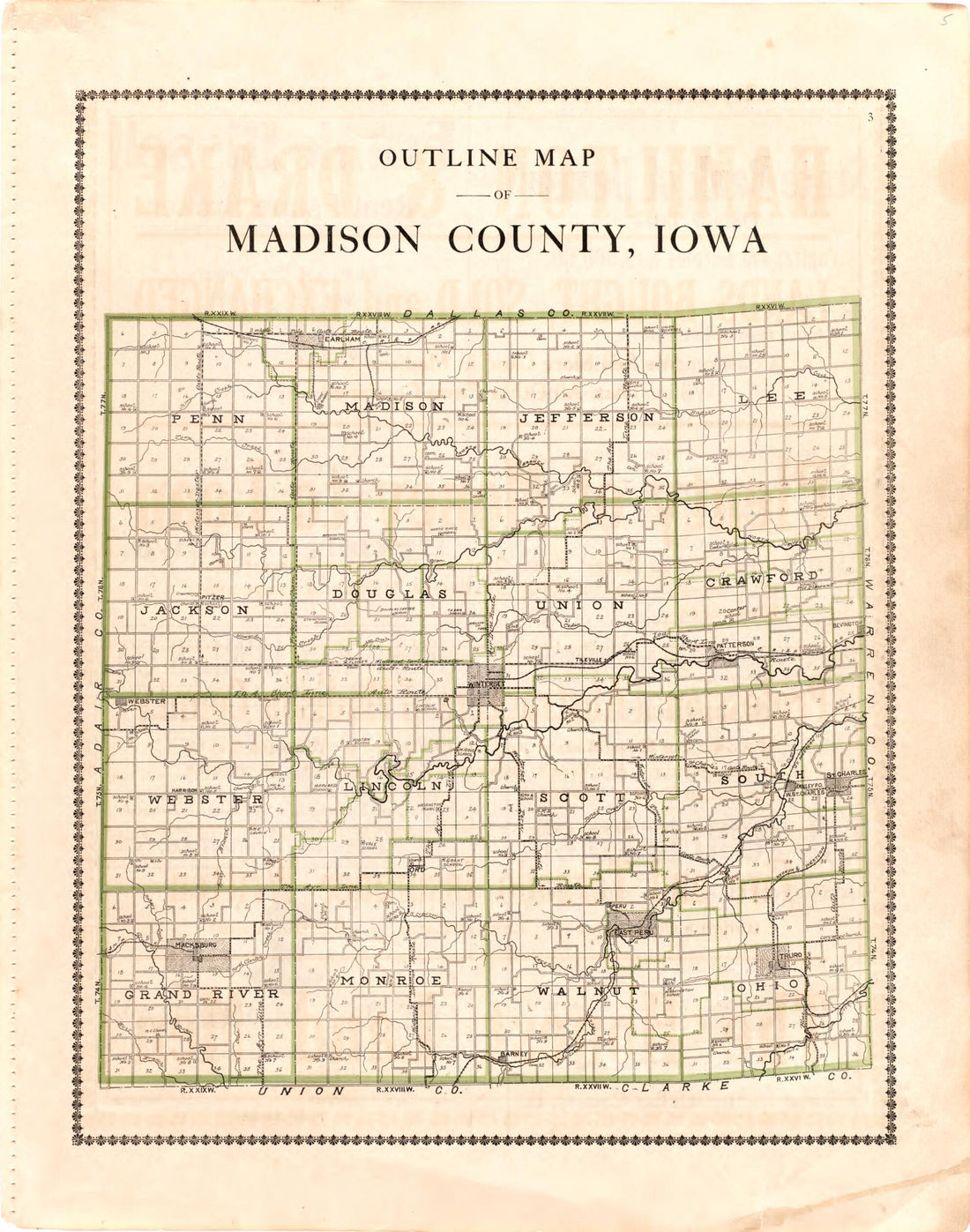 This old map of Outline Map of Madison County, Iowa from Madison County Atlas from 1912 was created by Iowa) Midland Map Company (Knoxville in 1912