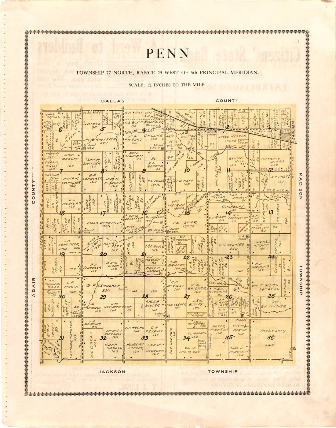 This old map of Penn from Madison County Atlas from 1912 was created by Iowa) Midland Map Company (Knoxville in 1912