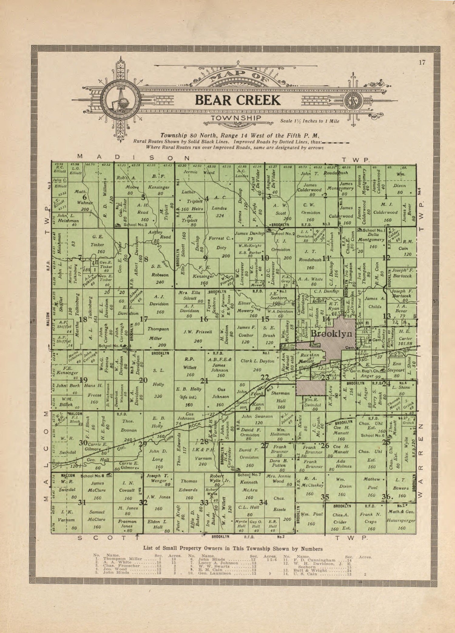 This old map of Bear Creek from Standard Atlas and Directory of Poweshiek County, Iowa from 1914 was created by Iowa) Kenyon Company (Des Moines in 1914