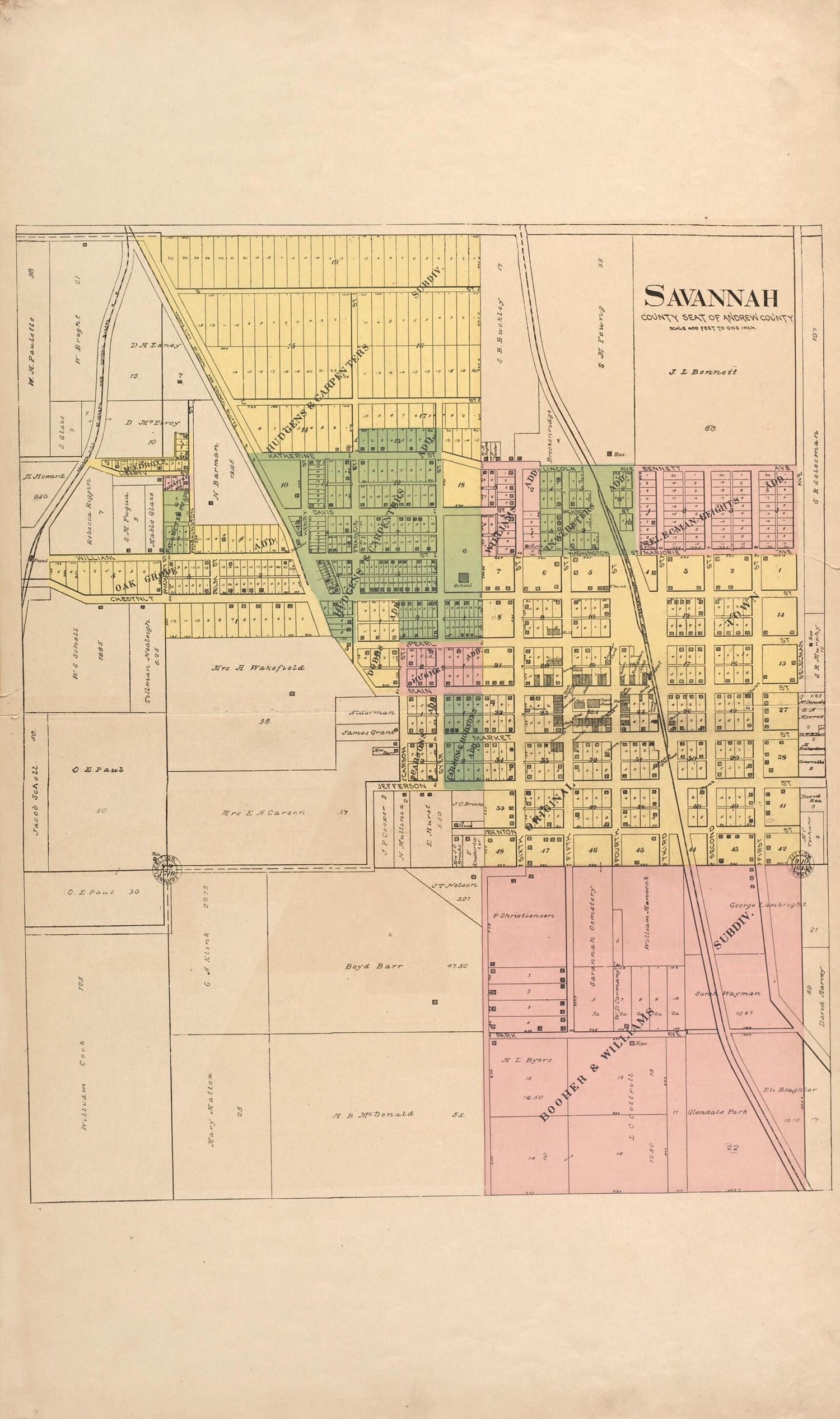 This old map of Savannah County Seat of Andrew County from Atlas of Andrew County, Missouri from 1898 was created by Pa.) Acme Publishing Co. (Philadelphia in 1898