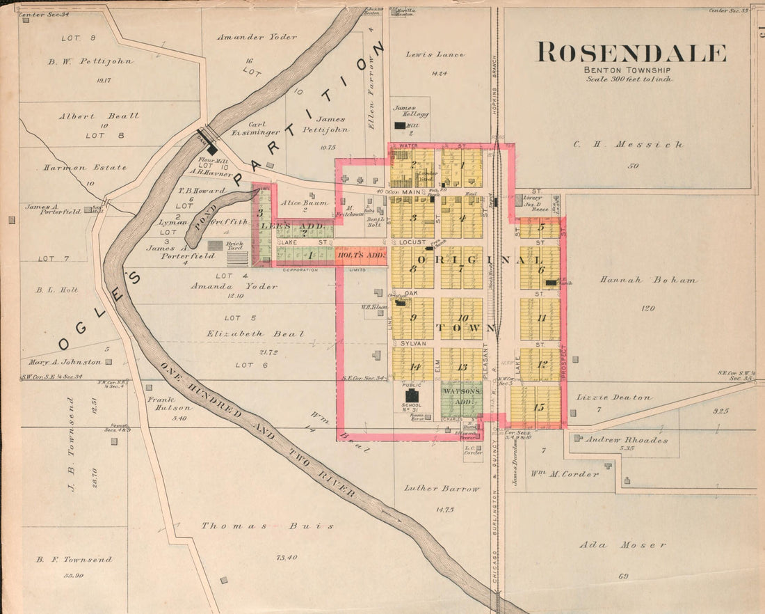 This old map of Rosendale from Plat Book of Andrew County, Missouri from 1909 was created by Albert Volk in 1909