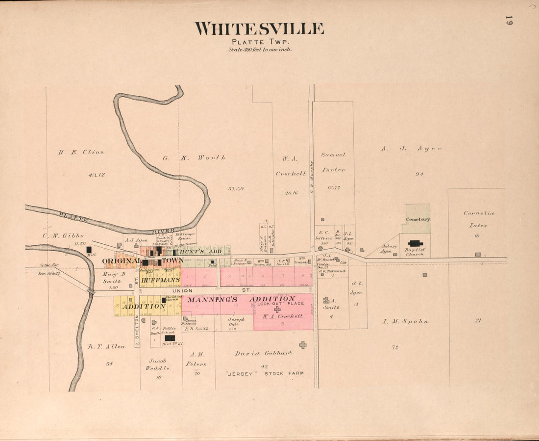 This old map of Whitesville from Plat Book of Andrew County, Missouri from 1909 was created by Albert Volk in 1909