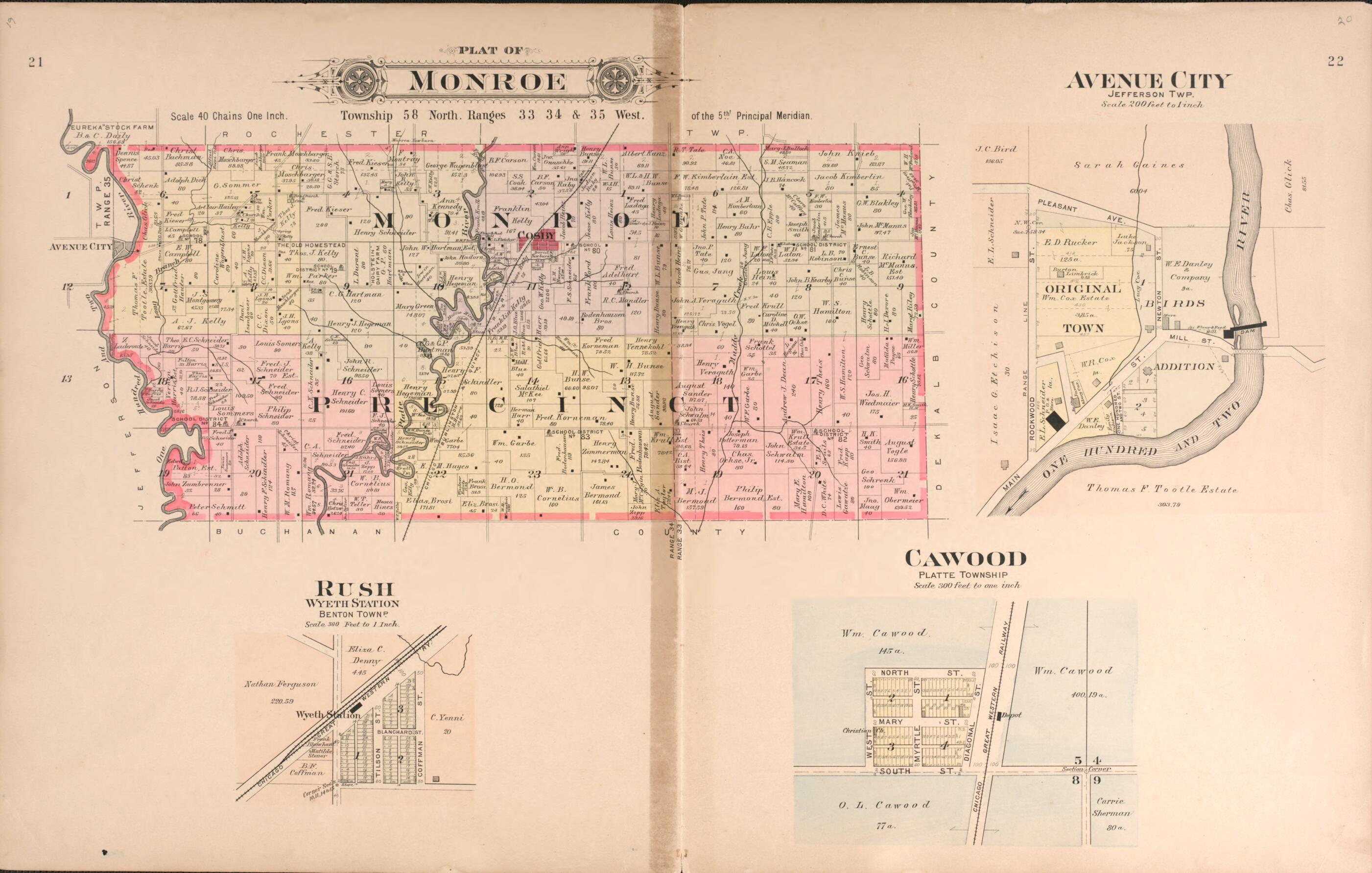 This old map of Monroe, Cawood, Rush, Avenue City from Plat Book of Andrew County, Missouri from 1909 was created by Albert Volk in 1909