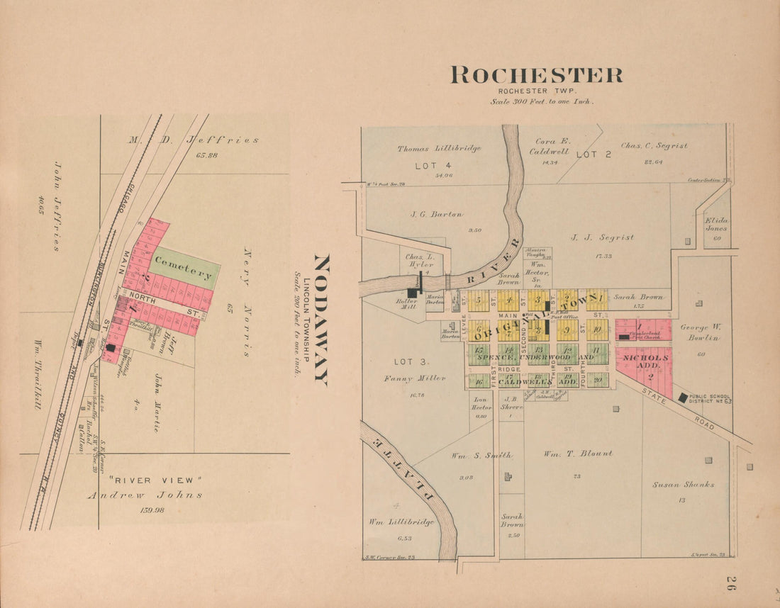 This old map of Rochester and Nodaway from Plat Book of Andrew County, Missouri from 1909 was created by Albert Volk in 1909