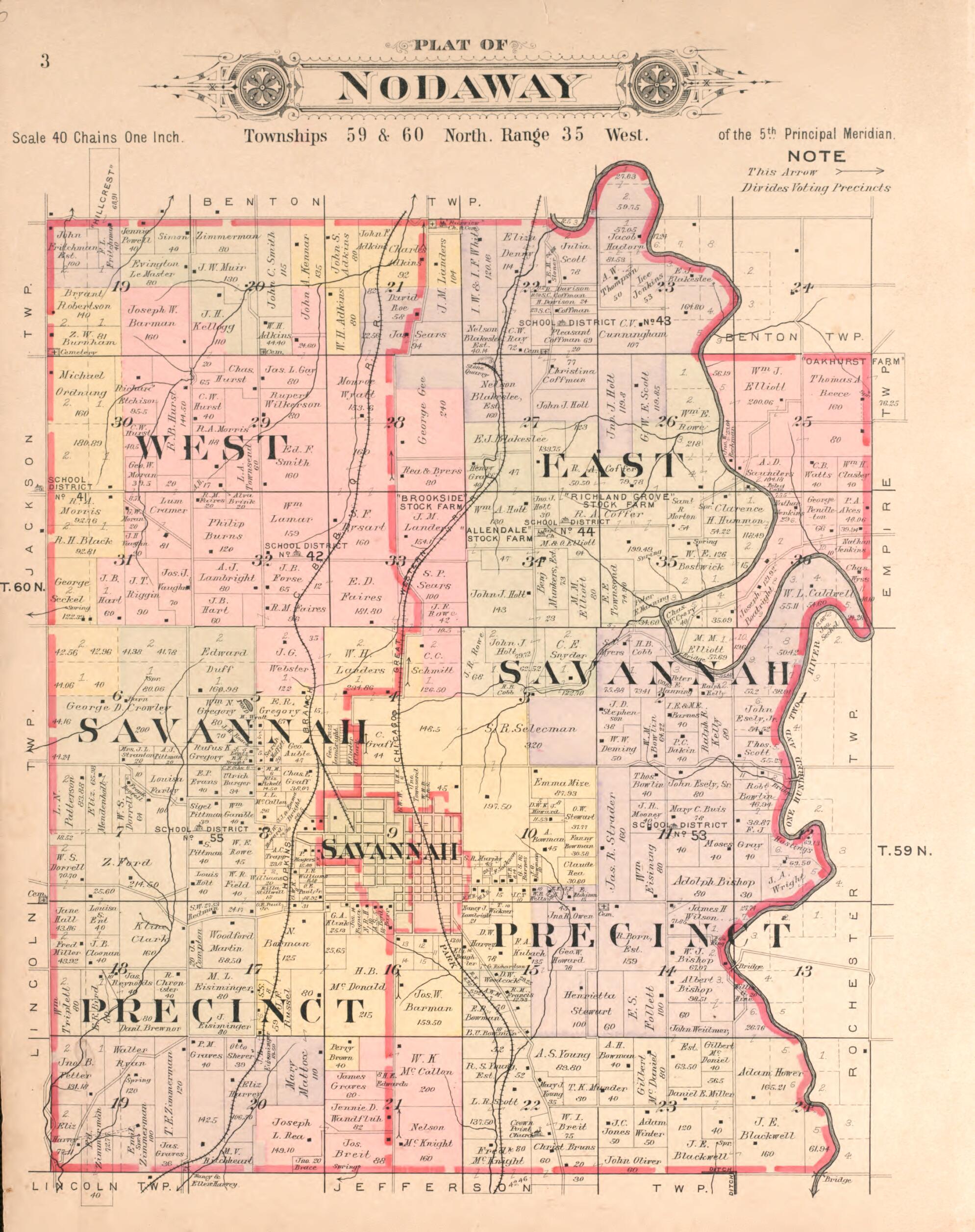 This old map of Nodaway from Plat Book of Andrew County, Missouri from 1909 was created by Albert Volk in 1909