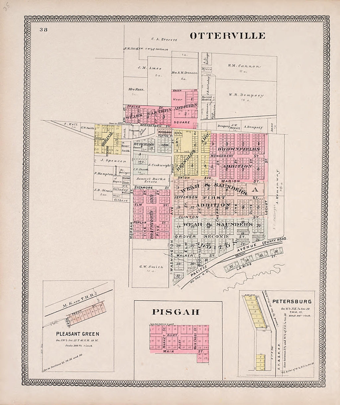 This old map of Otterville; Pleasant Green; Pisgah; Petersburg from Illustrated Historical Atlas of Cooper County, Missouri from 1897 was created by S. Wangersheim in 1897