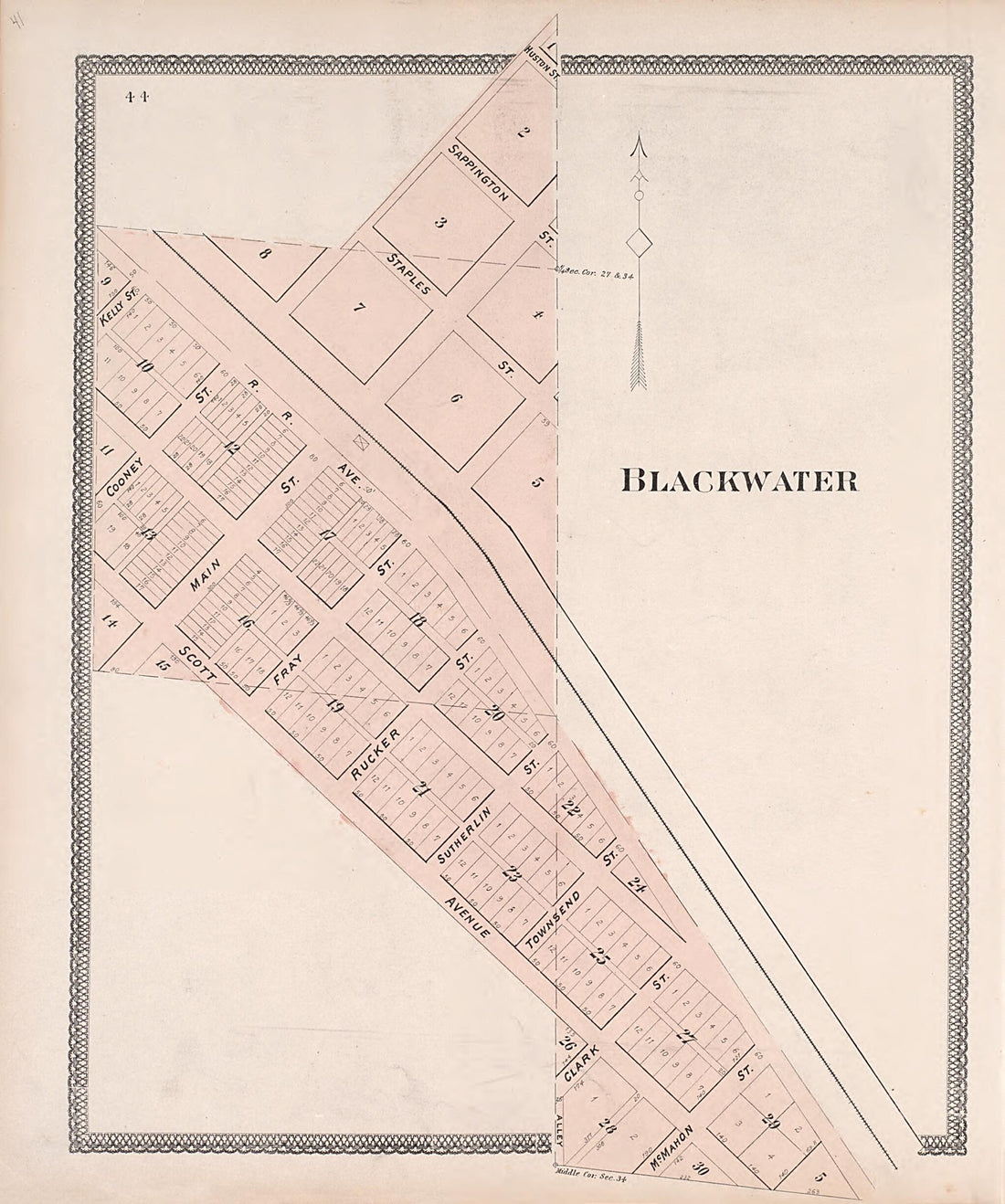 This old map of Blackwater from Illustrated Historical Atlas of Cooper County, Missouri from 1897 was created by S. Wangersheim in 1897