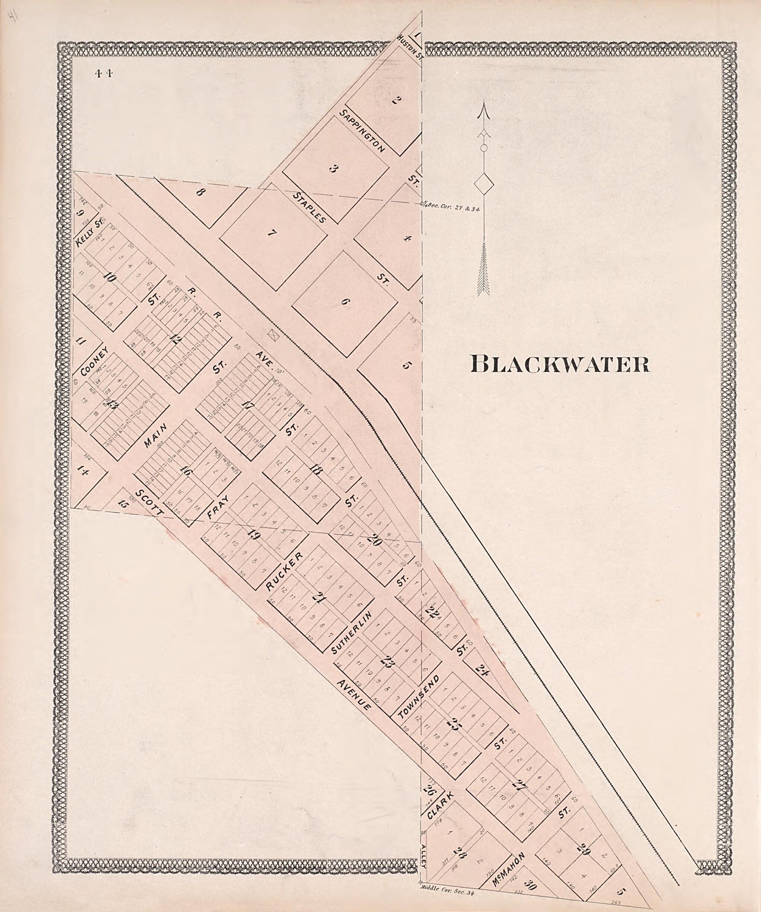 This old map of Blackwater from Illustrated Historical Atlas of Cooper County, Missouri from 1897 was created by S. Wangersheim in 1897