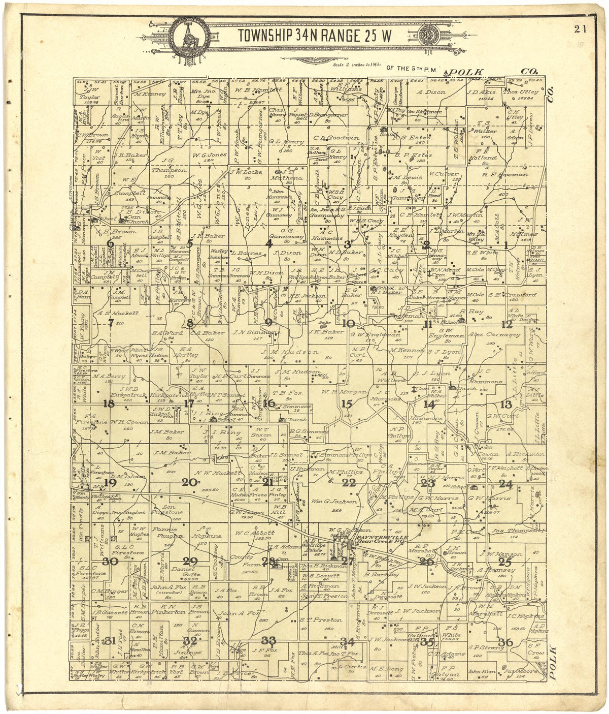 Map of Township 34 N Range 25 W from Standard Atlas of Cedar County, Missouri 1908 by Relic Map Company