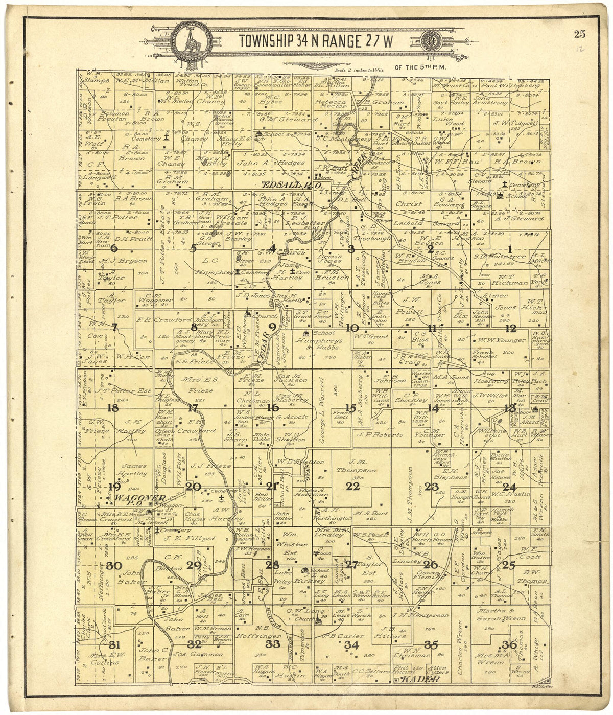 Map of Township 34 N Range 27 W from Standard Atlas of Cedar County, Missouri 1908 by Relic Map Company