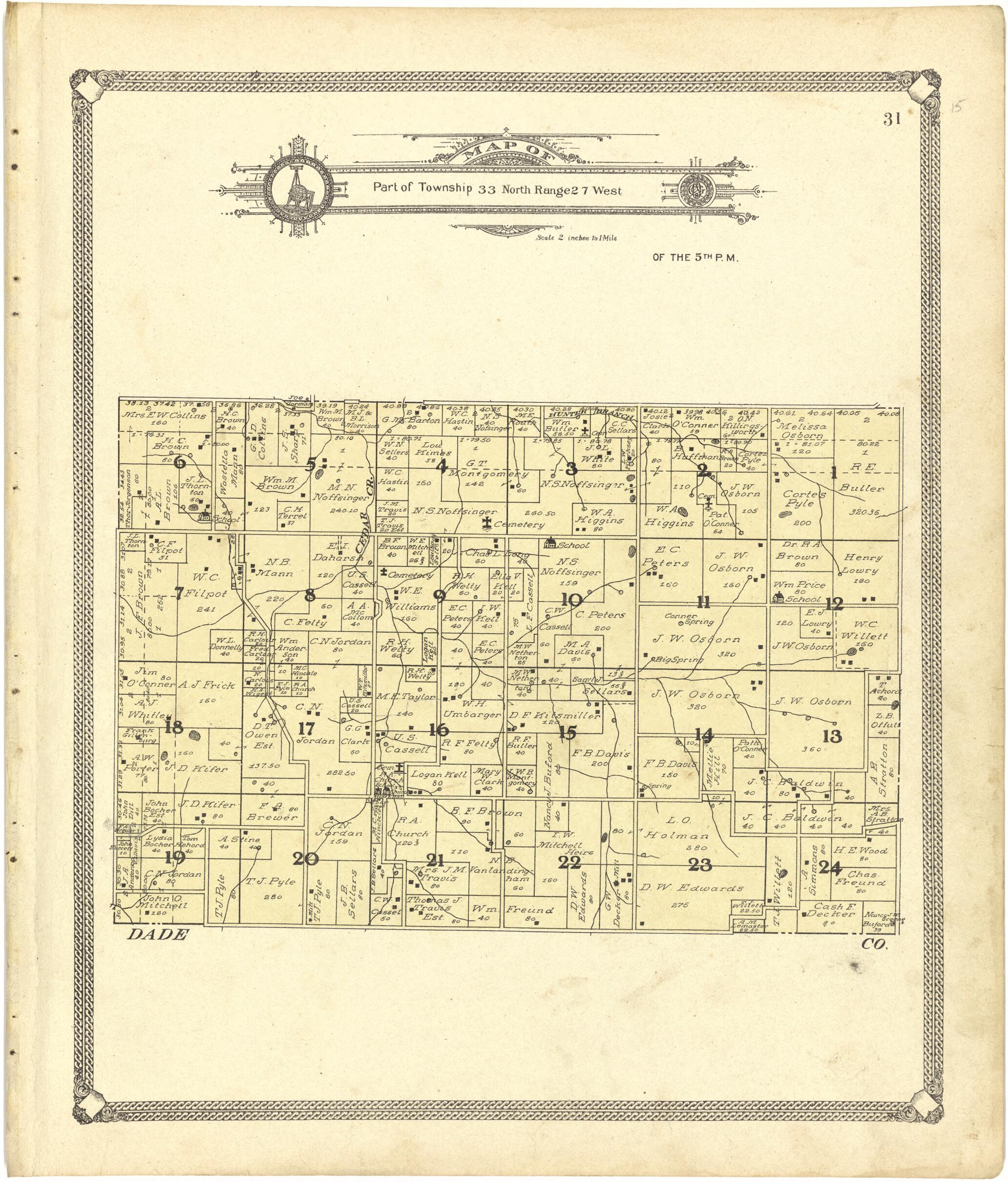 This old map of Map of Part of Township 33 North Range 27 West from Standard Atlas of Cedar County, Missouri from 1908 was created by  Geo. A. Ogle &amp; Co in 1908