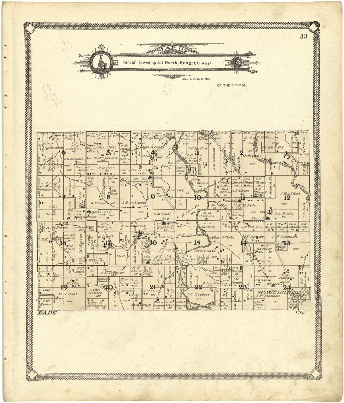 Map of Part of Township 33 North, Range 26 West from Standard Atlas of Cedar County, Missouri 1908 by Relic Map Company