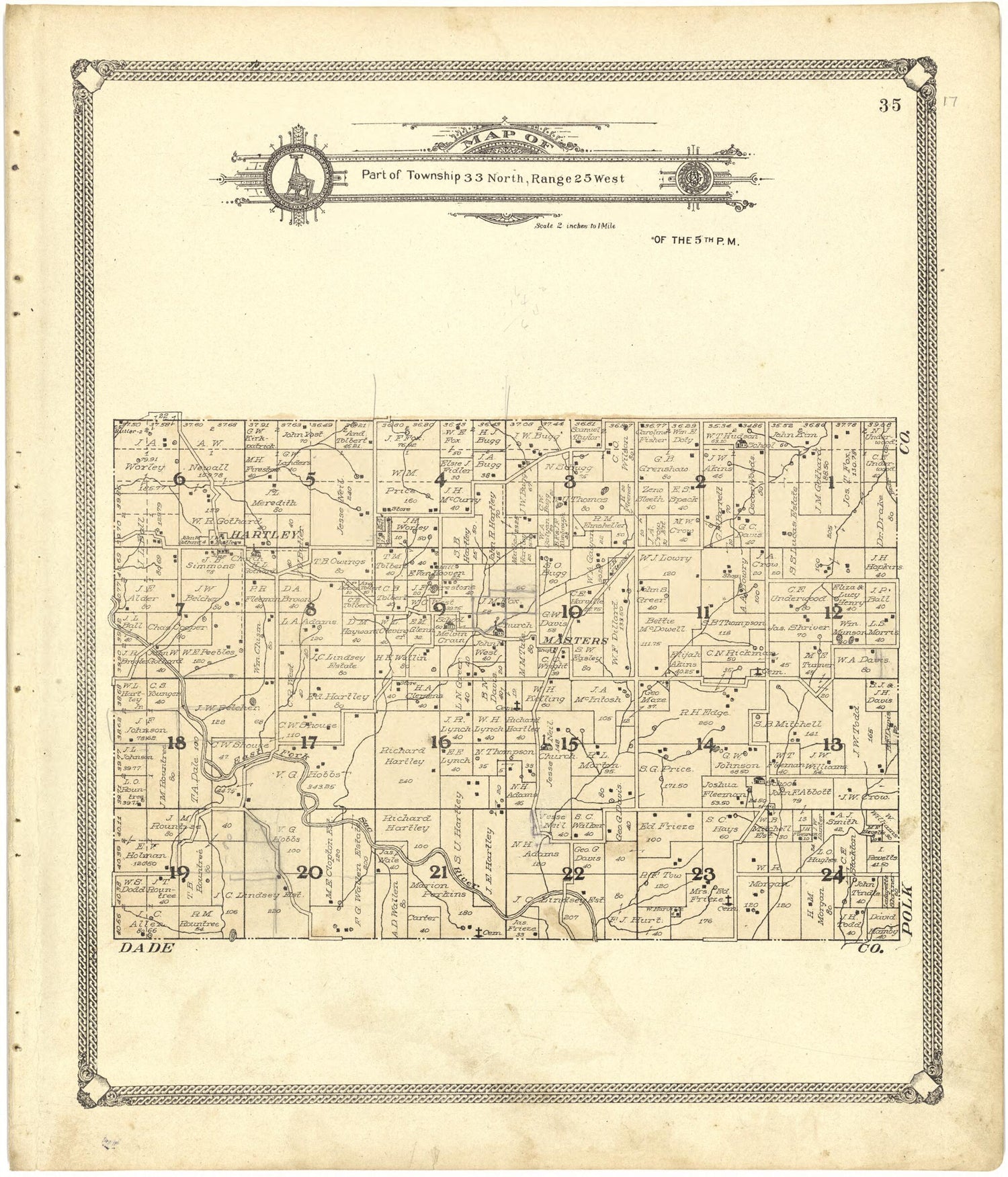 This old map of Map of Part of Township 33 North, Range 25 West from Standard Atlas of Cedar County, Missouri from 1908 was created by  Geo. A. Ogle &amp; Co in 1908