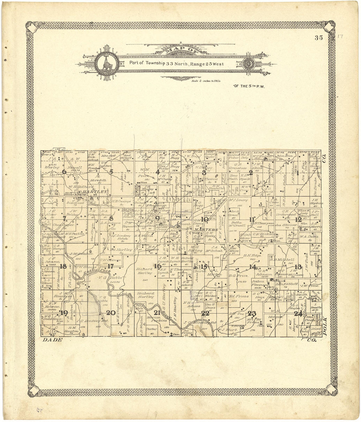 Map of Part of Township 33 North, Range 25 West from Standard Atlas of Cedar County, Missouri 1908 by Relic Map Company