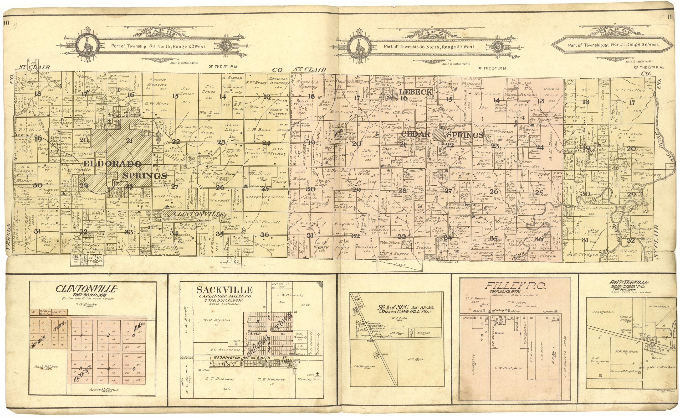 This old map of Clintonville; Sackville; Paynterville from Standard Atlas of Cedar County, Missouri from 1908 was created by  Geo. A. Ogle &amp; Co in 1908