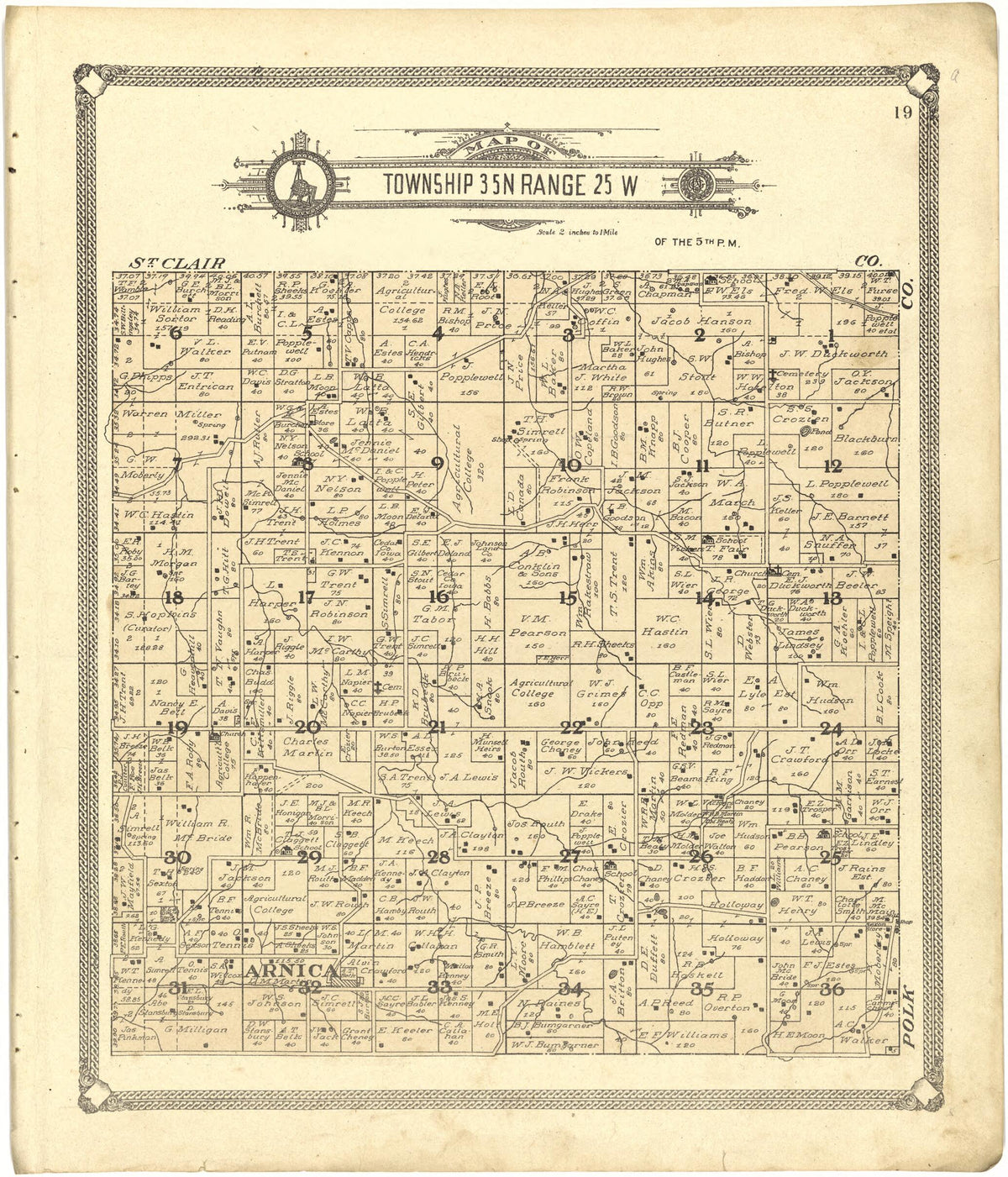 Map of Township 35 N Range 25 W from Standard Atlas of Cedar County, Missouri 1908 by Relic Map Company
