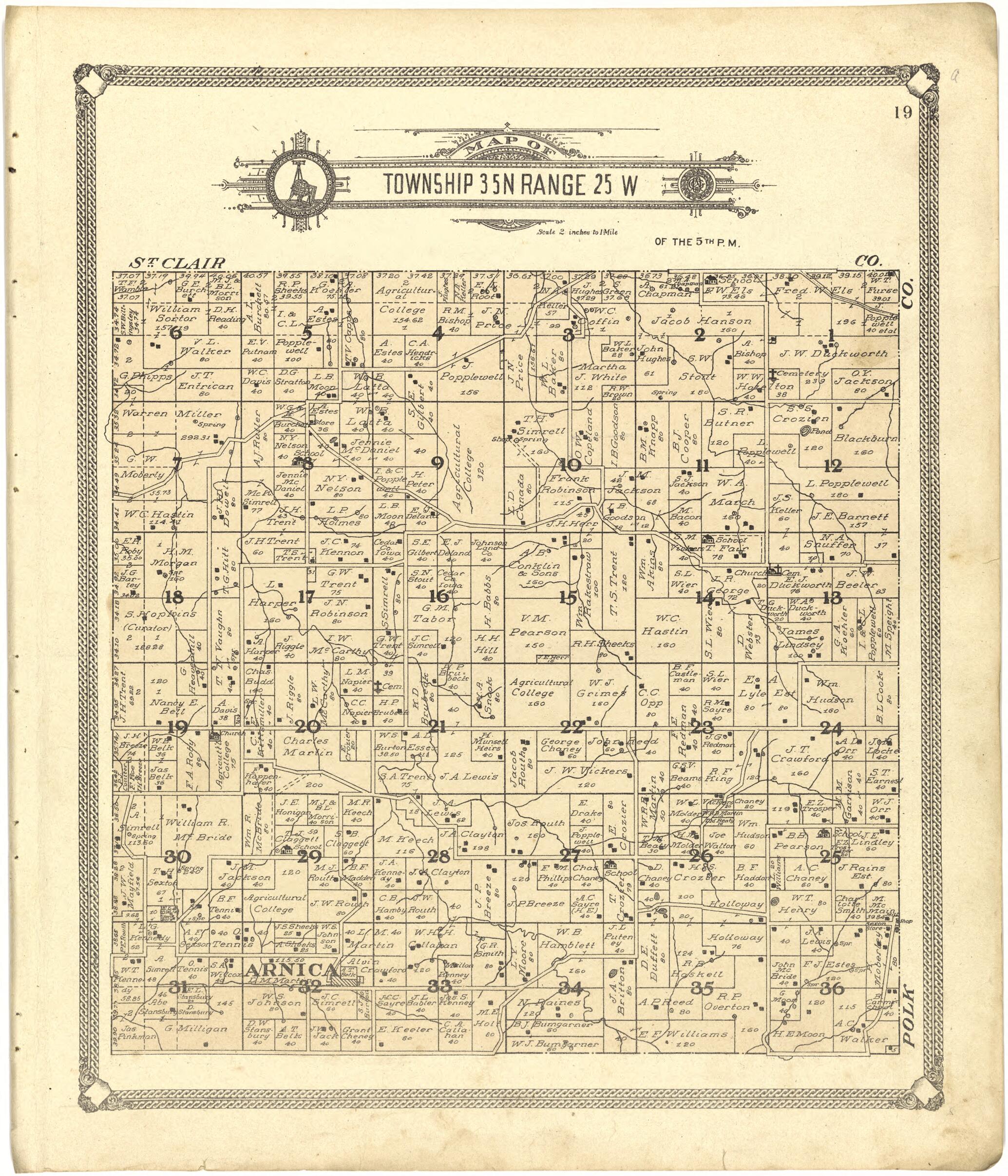 This old map of Map of Township 35 N Range 25 W from Standard Atlas of Cedar County, Missouri from 1908 was created by  Geo. A. Ogle &amp; Co in 1908