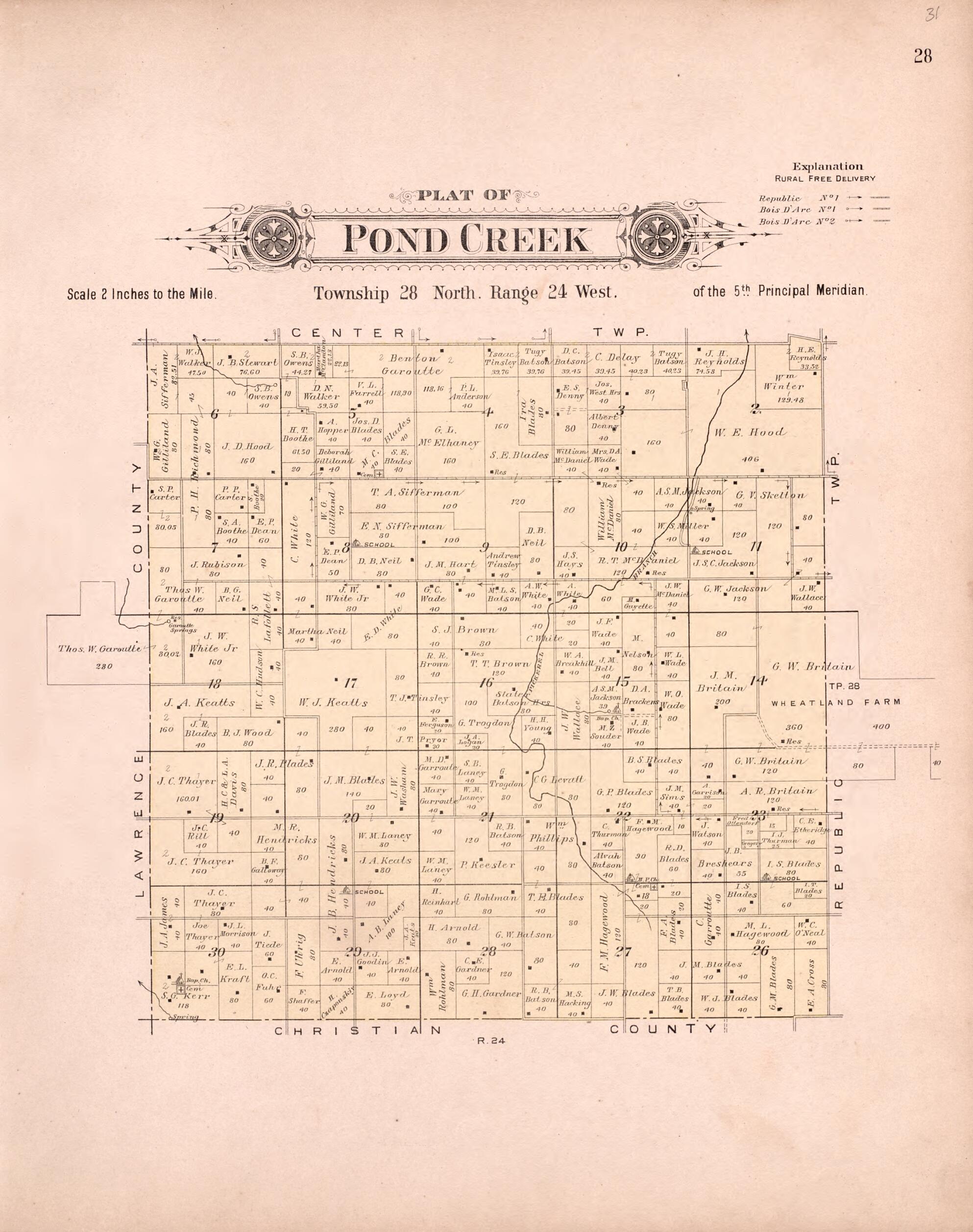 This old map of Pond Creek from Plat Book of Greene County, Missouri from 1904 was created by  Missouri Publishing Co in 1904