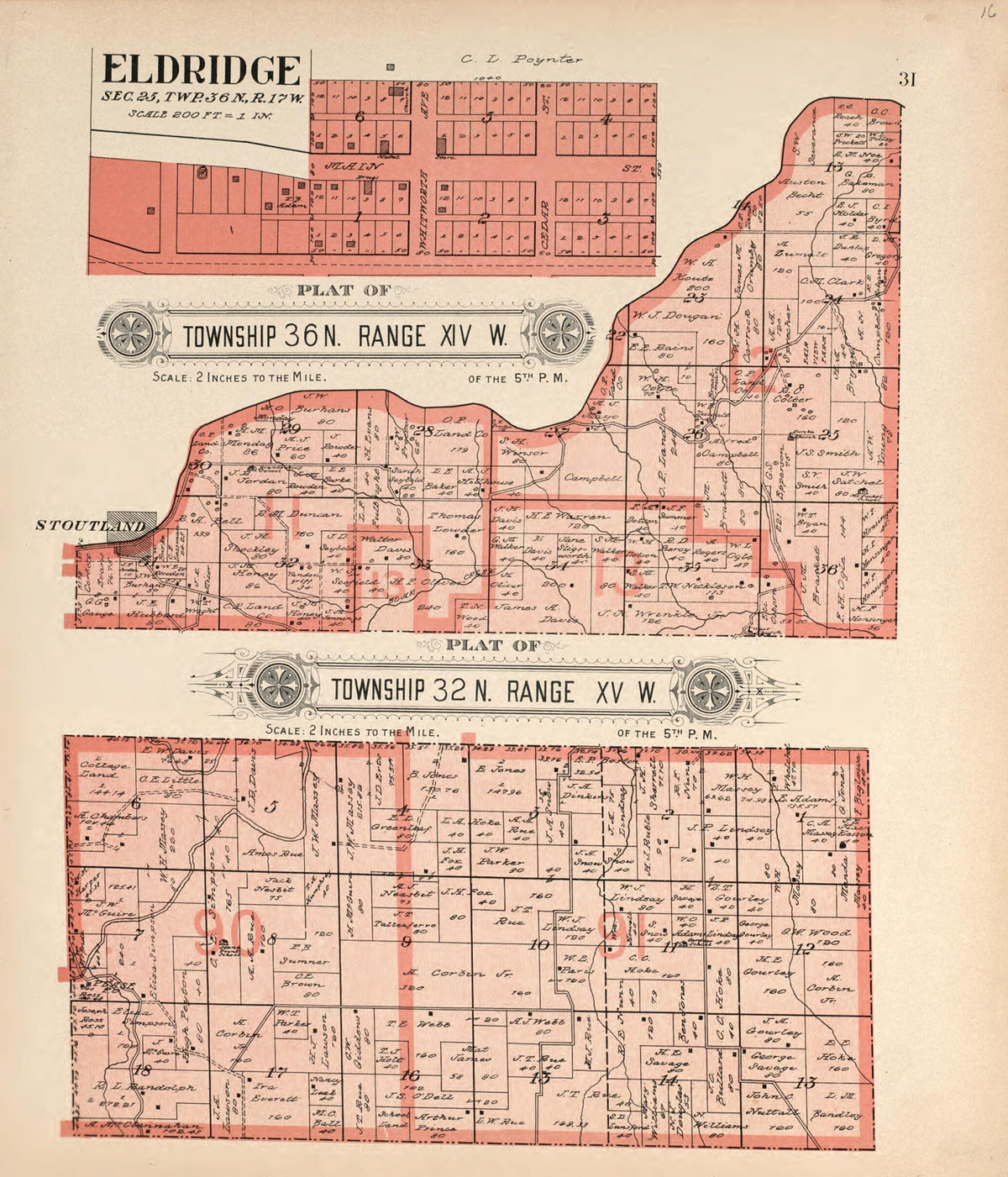 Eldridge &amp; Plats of 2 Townships from Plat Book of La Clede County, Missouri 1912 by Relic Map Company