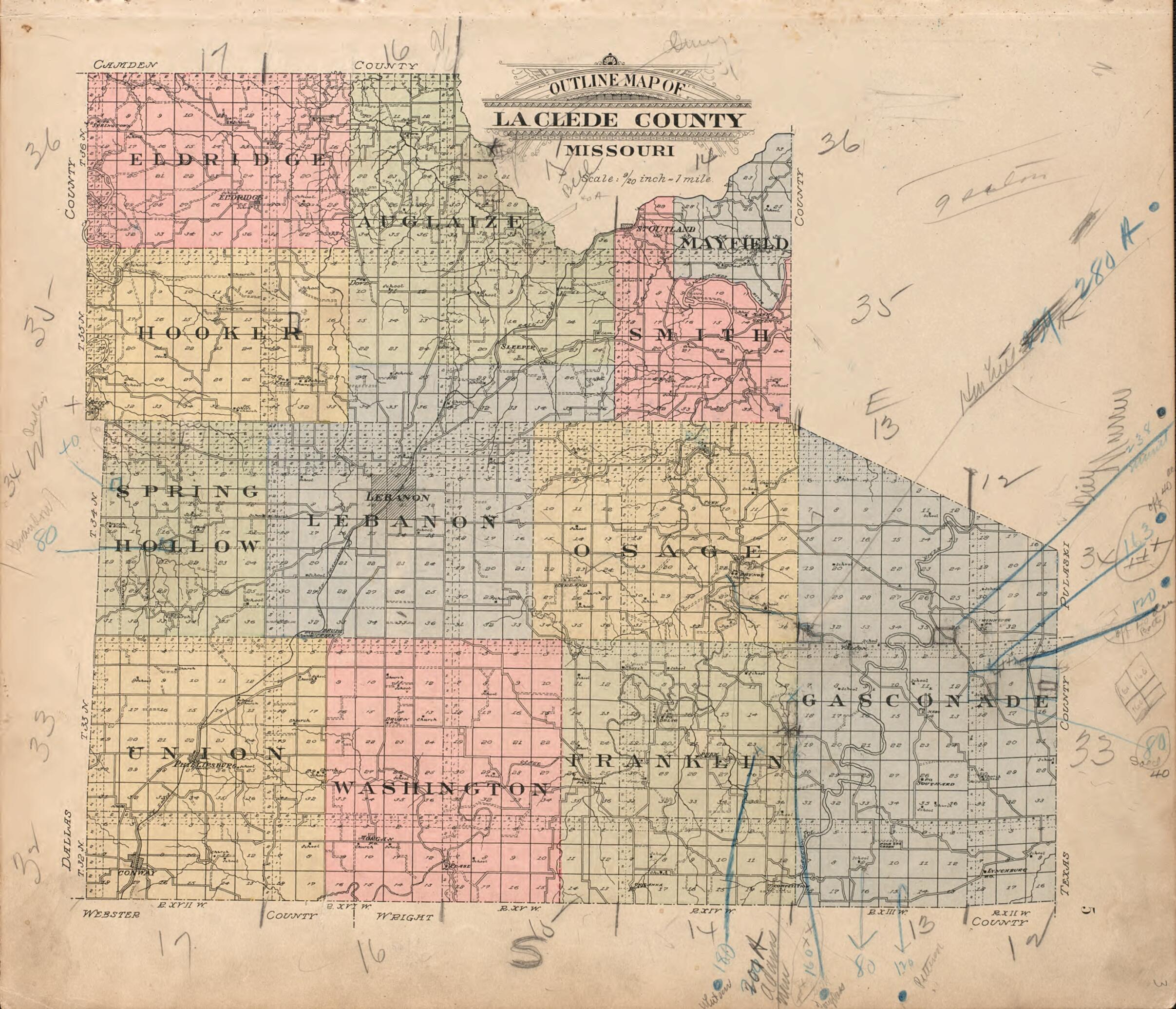 This old map of Outline Map of La Clede County, MO from Plat Book of La Clede County, Missouri from 1912 was created by Ill.) Western Publishing Company (Chicago in 1912