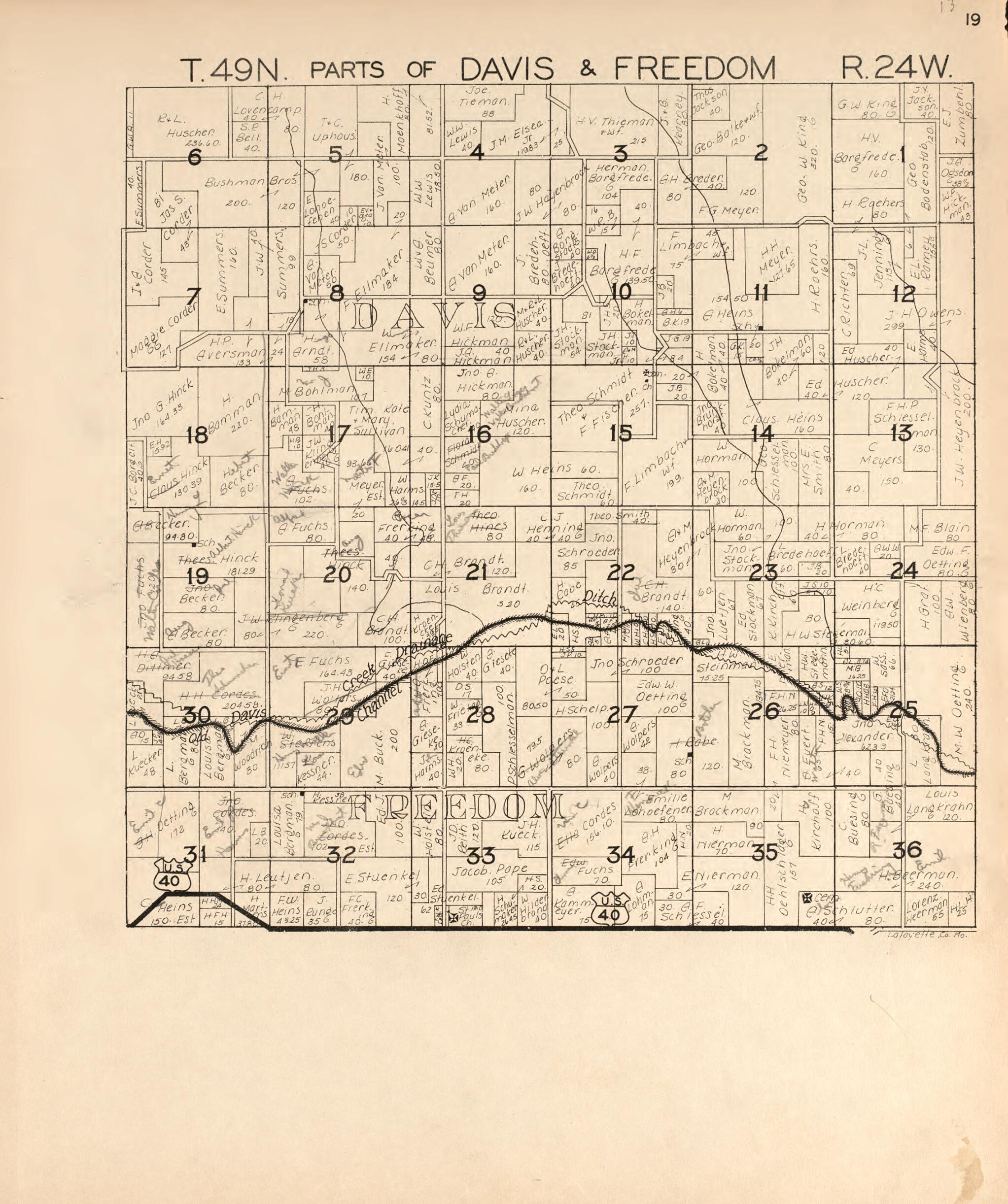 This old map of Davis and Freedom from Atlas of Lafayette County, Missouri. from 1920 was created by  W.W. Hixson &amp; Co in 1920