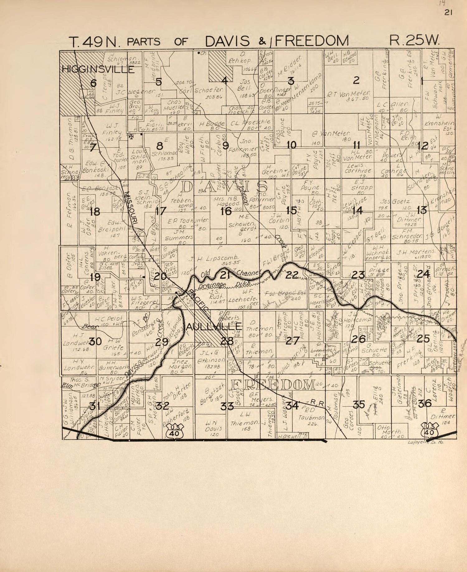 This old map of Davis and Freedom from Atlas of Lafayette County, Missouri. from 1920 was created by  W.W. Hixson &amp; Co in 1920