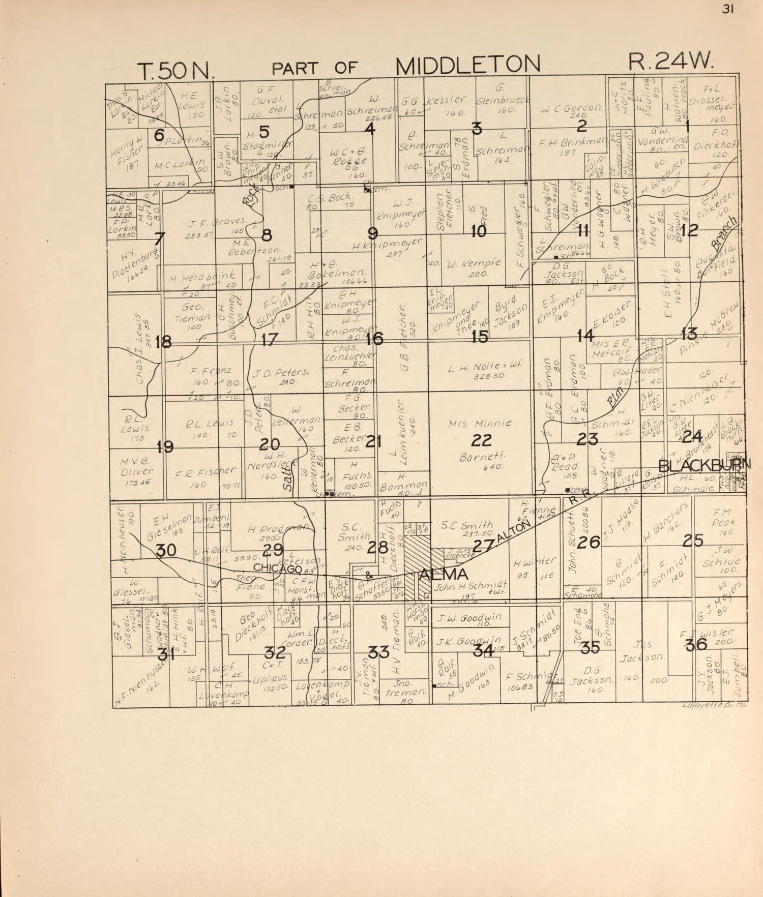 This old map of Middleton from Atlas of Lafayette County, Missouri. from 1920 was created by  W.W. Hixson &amp; Co in 1920