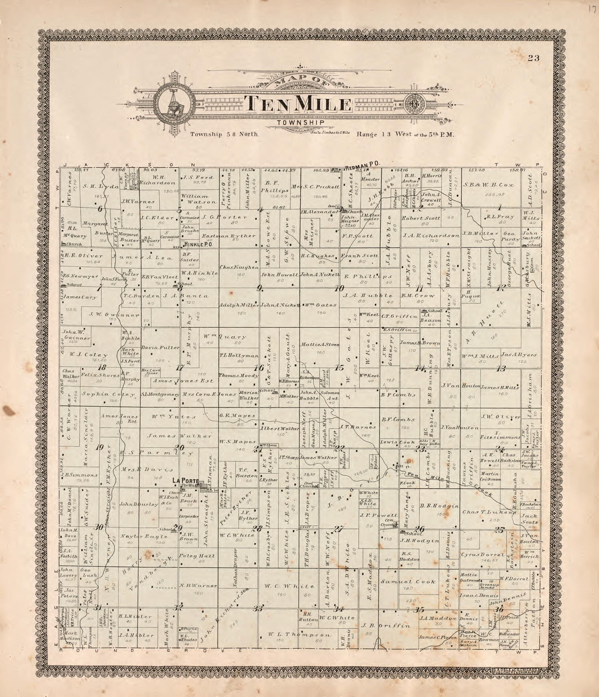 This old map of Ten Mile Township from Standard Atlas of Macon County, Missouri from 1897 was created by  Geo. A. Ogle &amp; Co in 1897