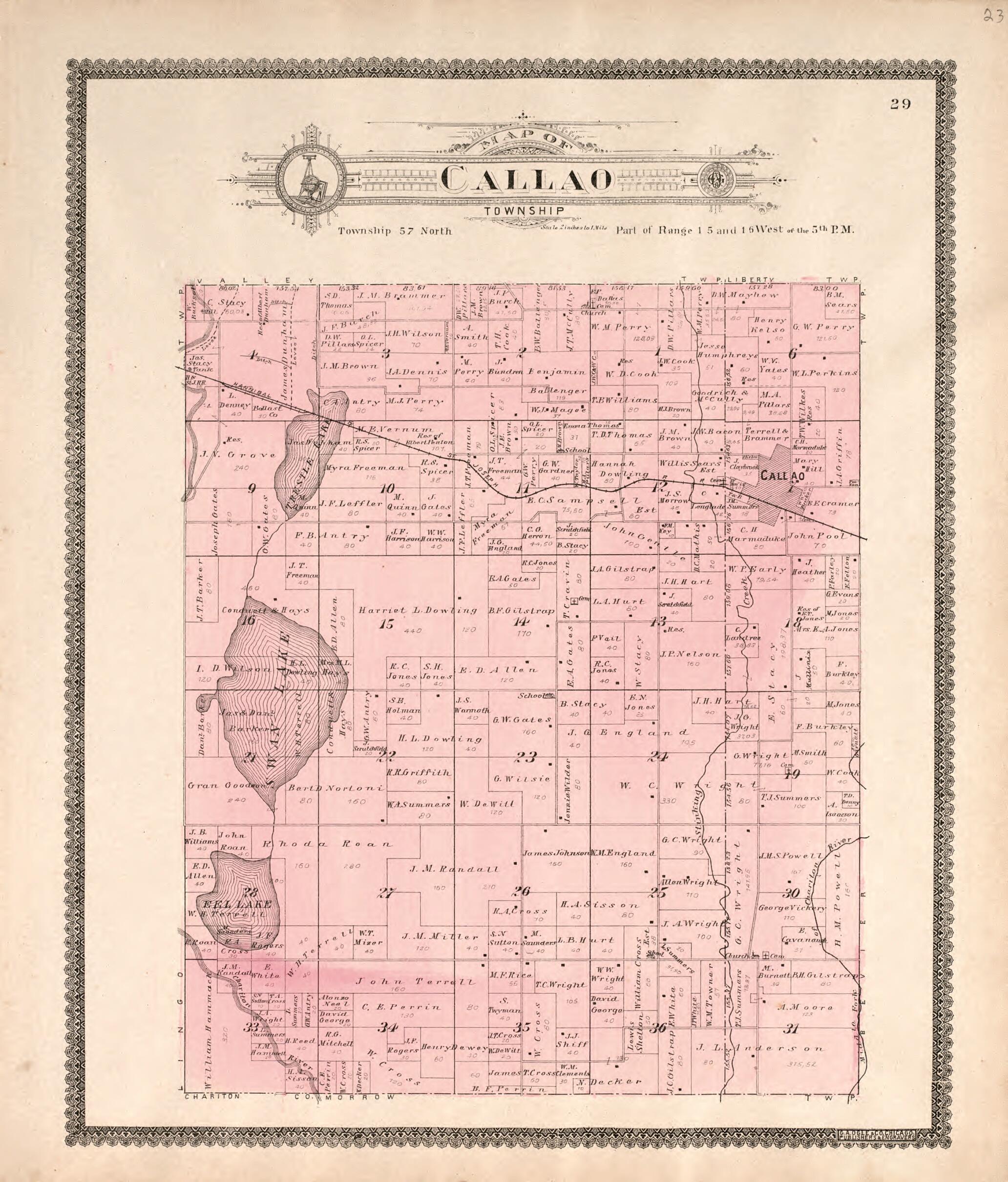 This old map of Callao Township from Standard Atlas of Macon County, Missouri from 1897 was created by  Geo. A. Ogle &amp; Co in 1897