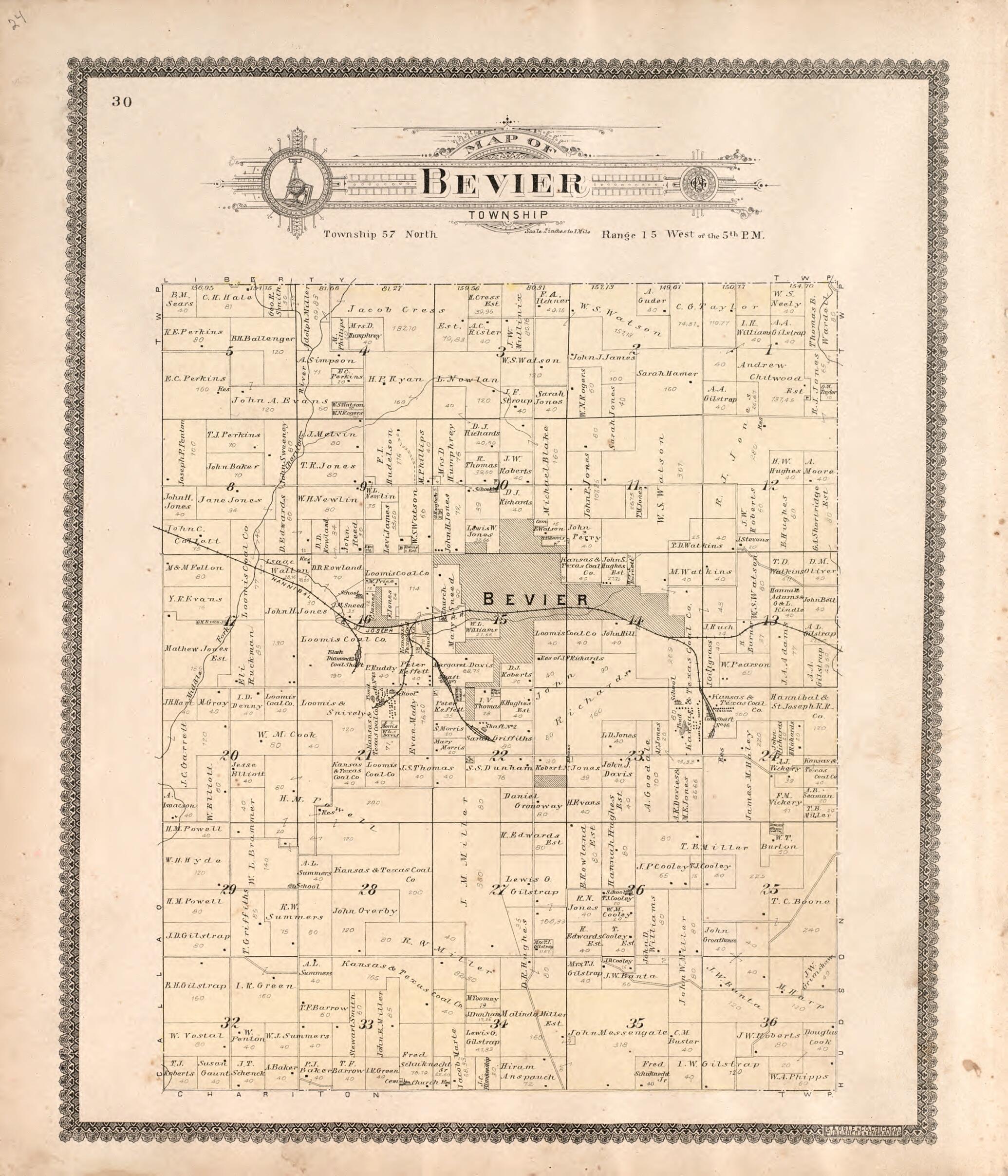 This old map of Bevier Township from Standard Atlas of Macon County, Missouri from 1897 was created by  Geo. A. Ogle &amp; Co in 1897